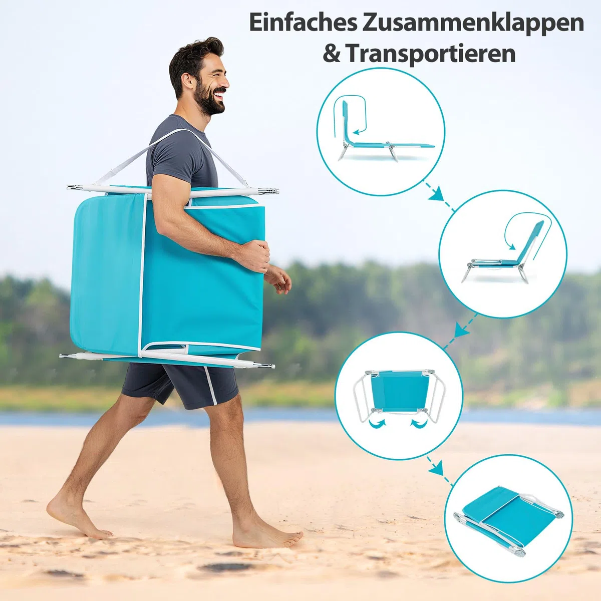 COSTWAY Strandliege klappbar leicht 2er Set, Sonnenliege mit verstellbarem Rücken- und Fußteil, tragbare Klappliege mit Tragegurt, Liegestuhl bis 150 kg belastbar für Strand, Garten, Terrasse (Blau)
