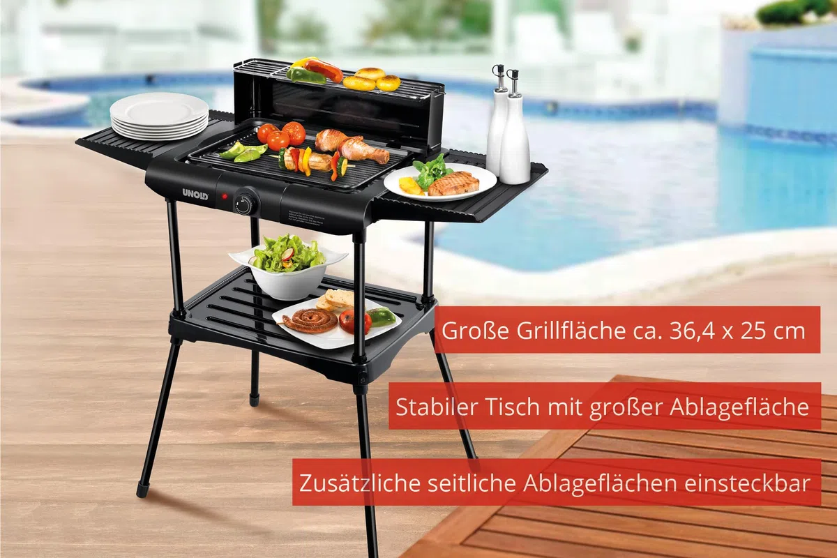Unold 58565 Vario Barbecue-Grill - Tisch- und Standgrill, Schwarz, 1.600 W, Antihaftbeschichtung, seitliche Ablageflächen, Windschutz, Überhitzungsschutz, Grillplatte aus Druckguss-Aluminium