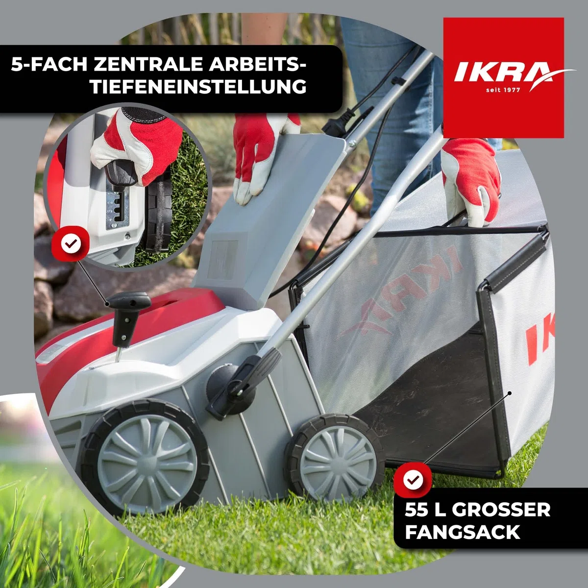 IKRA Elektro Vertikutierer Rasenlüfter IEVL 1840, Arbeitsbreite 40cm, 1800W | Fangkorb 55l, Arbeitstiefe +6 bis –12 mm, werkzeugloser Walzenwechsel, 2in1 Gerät lässt sich auch ohne Fangbehältnis nutzen