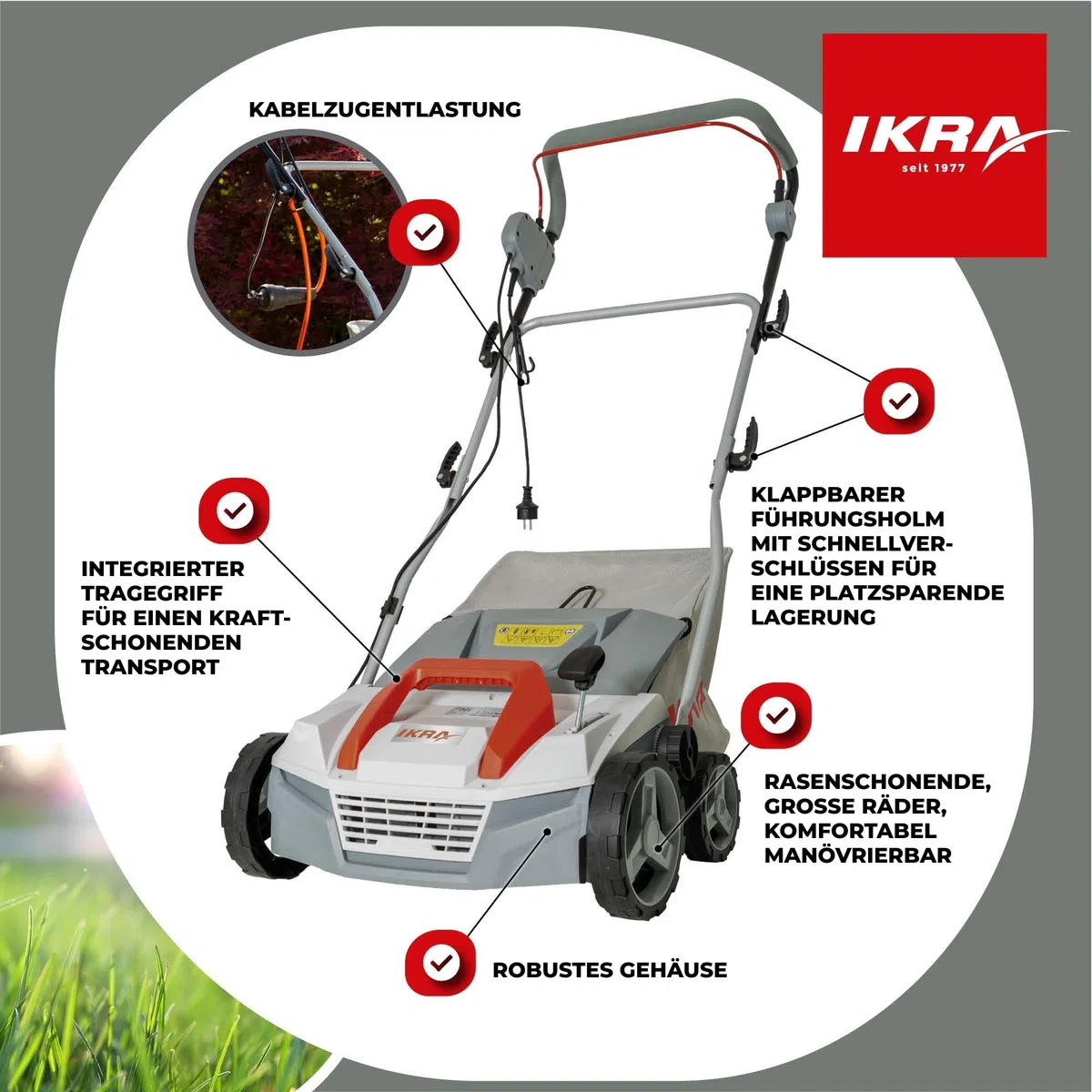 IKRA Elektro Vertikutierer Rasenlüfter IEVL 1838, Arbeitsbreite 38cm, 1800W | Fangkorb 40l, Arbeitstiefe +5 bis –12 mm, werkzeugloser Walzenwechsel, 2in1 Gerät lässt sich auch ohne Fangbehältnis nutzen