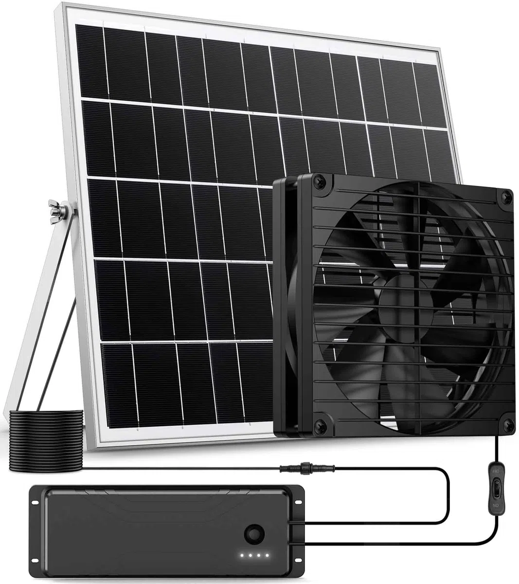 17,8 cm großer Luftstrom-Solarventilator mit Batterie-Backup, 12800 mAh Batterien, IPX7 wasserdicht, 5 m An-/Aus-Schalterkabel, solarbetriebener Abluftventilator für Gewächshaus, Hühnerstall, Anhänger