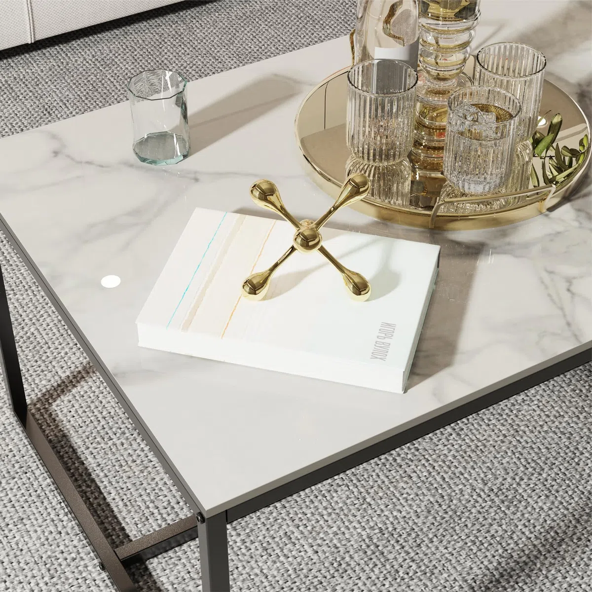 FATIVO Couchtisch Marmor Weiß Modern: Rechteckiger Skandinavisch Kaffeetisch Wohnzimmertisch mit schwarz Metallgestell - Beistelltisch für Wohnzimmer 100x60x40cm
