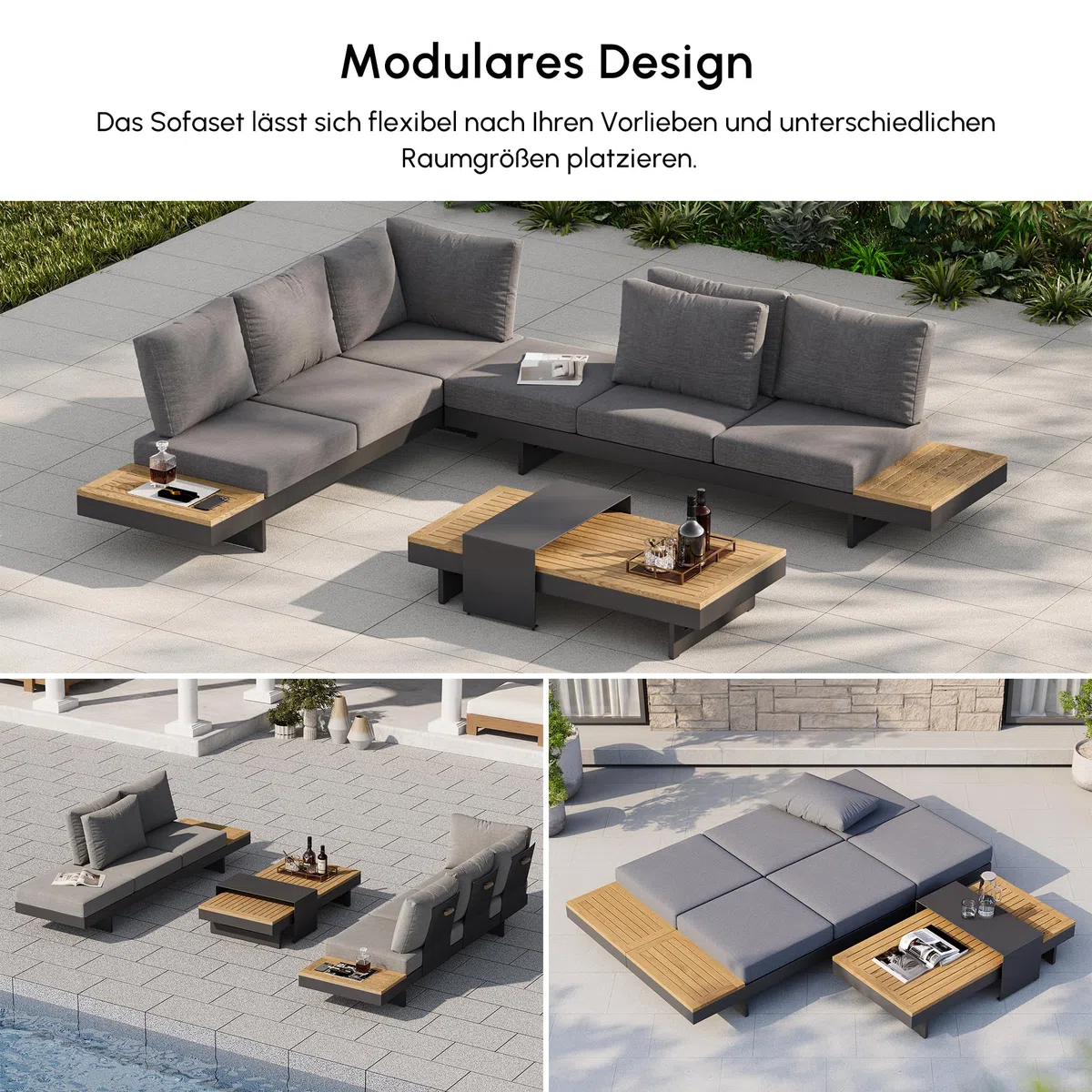 Homary 6-Sitzer Modulare Outdoor Lounge für Familie & Gäste, Garten Sofa Set für große Terrasse, Aluminium & Teak, 12 cm Komfort Polster, pflegeleicht