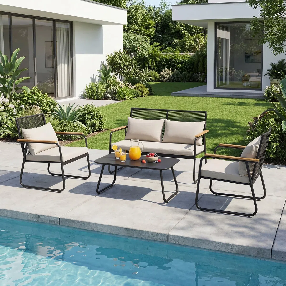 Polyrattan Gartenmöbel Set 3-4 Personen, Gartensofa Set mit Tisch & Kissen, Wetterfest & UV-beständig, Balkonmöbel Sitzgruppe für Terrasse & Garten