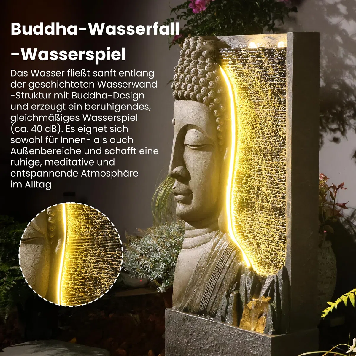Sunlinua 117cmH Zen-Buddha Gartenbrunnen mit LED, Wasserfall mit Doppel-Bubblern und Bachlauf, Harz-Statue für Terrasse, Garten, Veranda, Meditations-Dekor, Grau