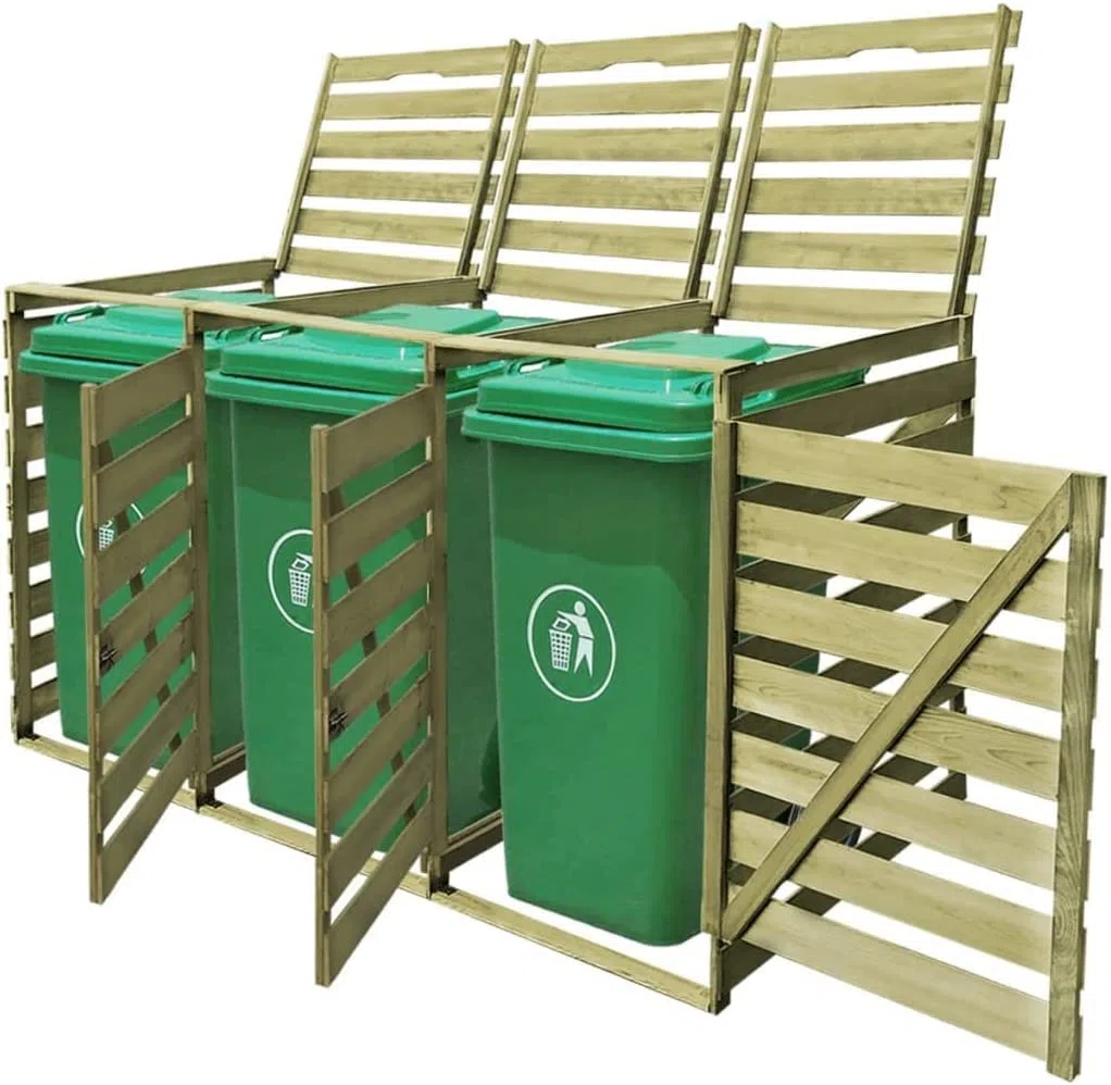 KOIECETA Kiefernholz Imprägniert Mülltonnenbox 3 Tonnen Mülltonnenverkleidung Mülltonnenschrank Verkleidung Aufbewahrungsbox Holz Garten Müllbox 240 L Gerätebox
