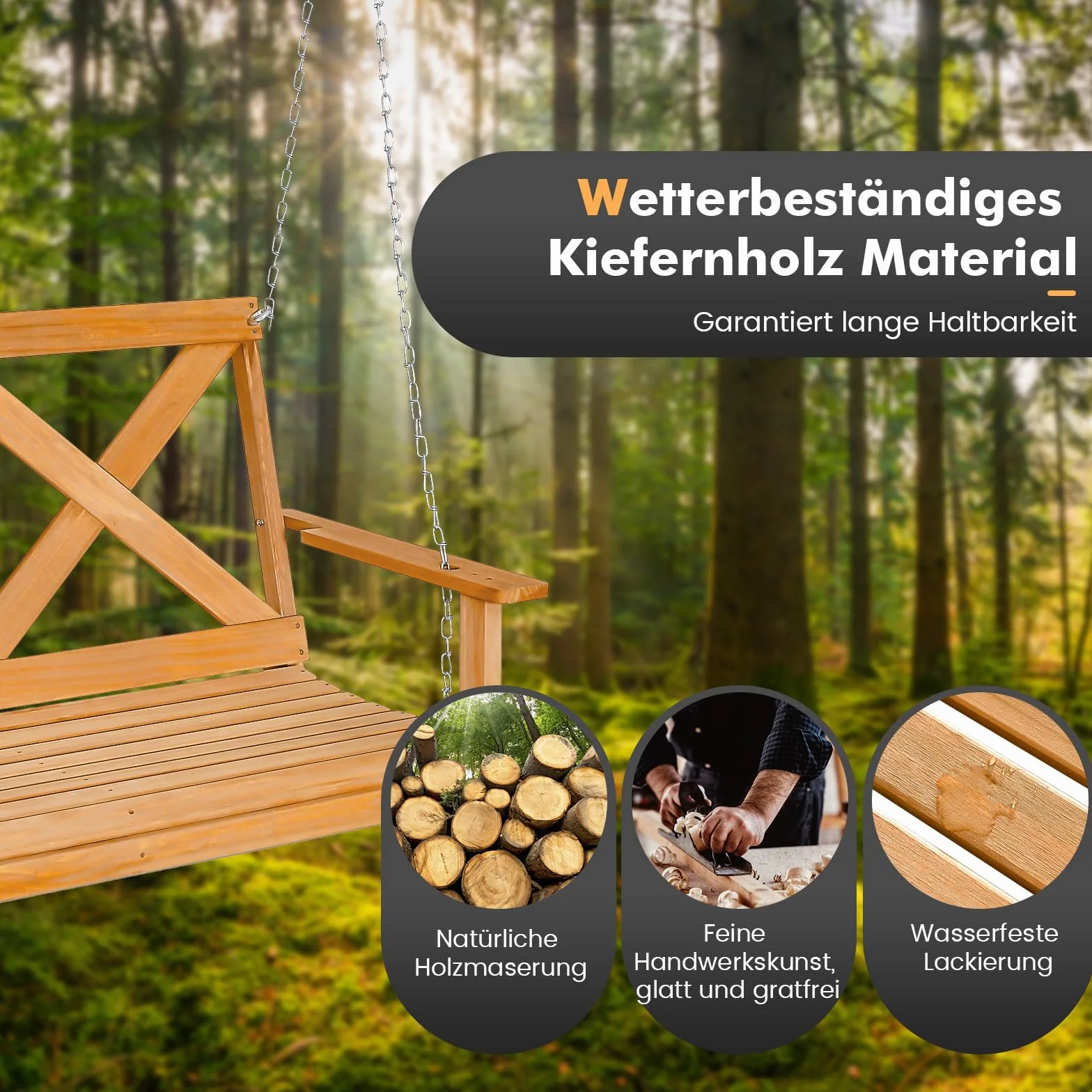 COSTWAY Hängebank aus Massivholz, 2-Sitzer Gartenschaukel zum Aufhängen, Hollywoodschaukel bis 240 kg belastbar, Outdoor-Schaukelbank für Terrasse, Garten, Hof, 134 x 60 x 65 cm, Natur