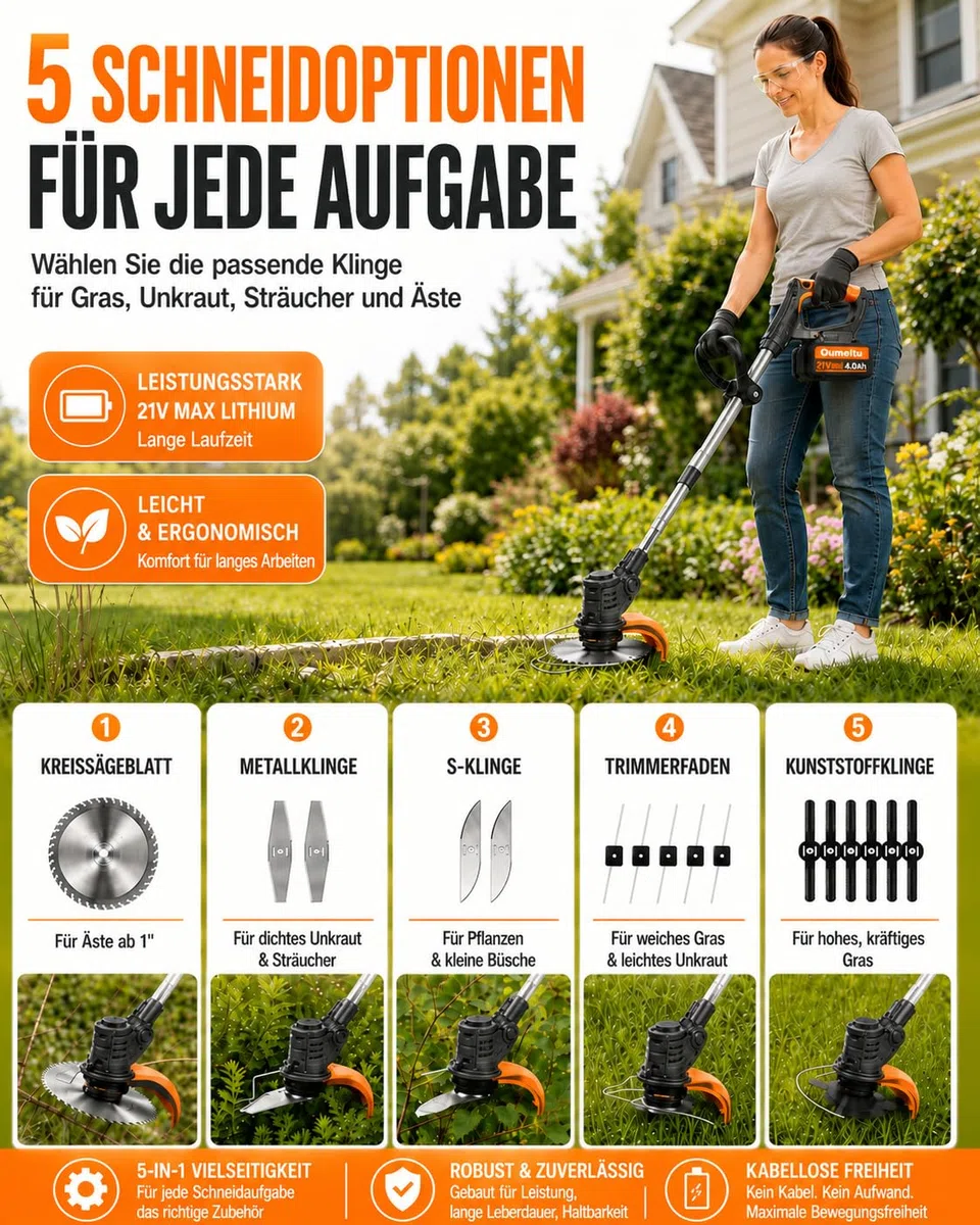 21V Akku Rasentrimmer, 2 x4,0Ah Akku und Ladegerät, 2 in 1 Elektrischer Freischneider/Rasentrimmer mit Akku, Leichter Rasenkantenschneider mit, 5 Messerarten für Rasen, Garten