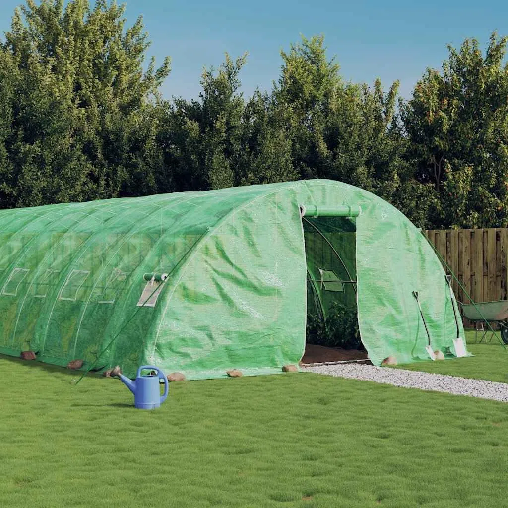 Gewächshaus mit Stahlrahmen Grün 70 m² 14x5x2,3 m für Hobbygartenbau, Anzucht, Pflanzenpflege, Balkon und Terrasse, wetterfest, UV-beständig, robust, mit Belüftung und Fenstern