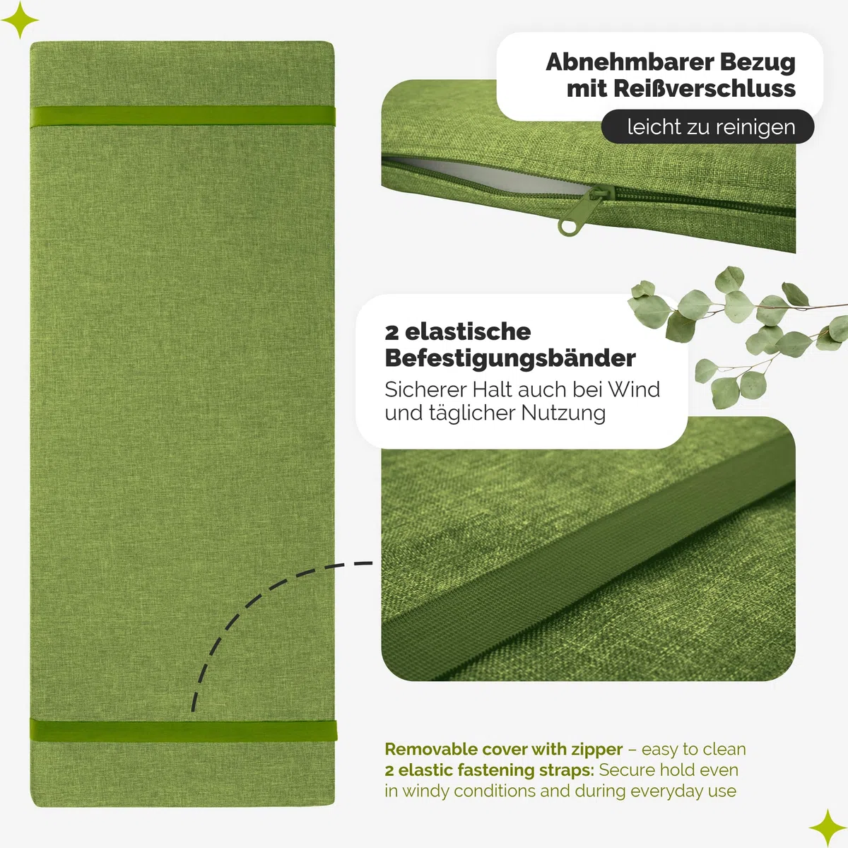Garronda Bankauflage wasserabweisend 140x40 cm ca. 4 cm dick Sitzkissen Outdoor für Gartenbank und Hollywoodschaukel Polster Auflage für Sitzbank UV-beständig mit Bändern GD-0220 Grün