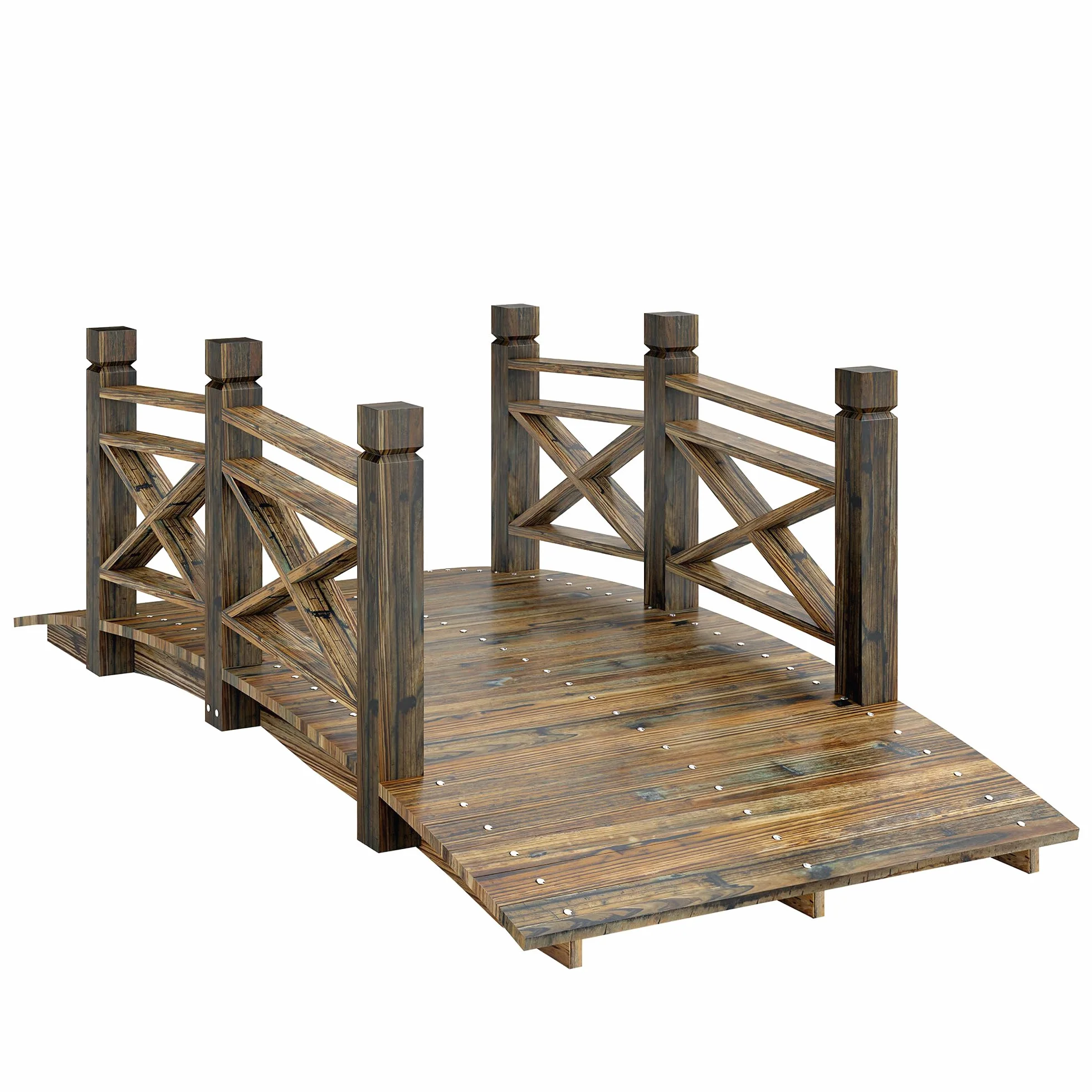 Outsunny Holzbrücke mit Geländer Gartenbrücke aus Tannenholz Teichbrücke mit Antik-Optik, begehbar Zierbrücke bis 200 kg Rostbeständig Dekobrücke für Garten Teich 174 x 78 x 57,5 cm Verkohlt