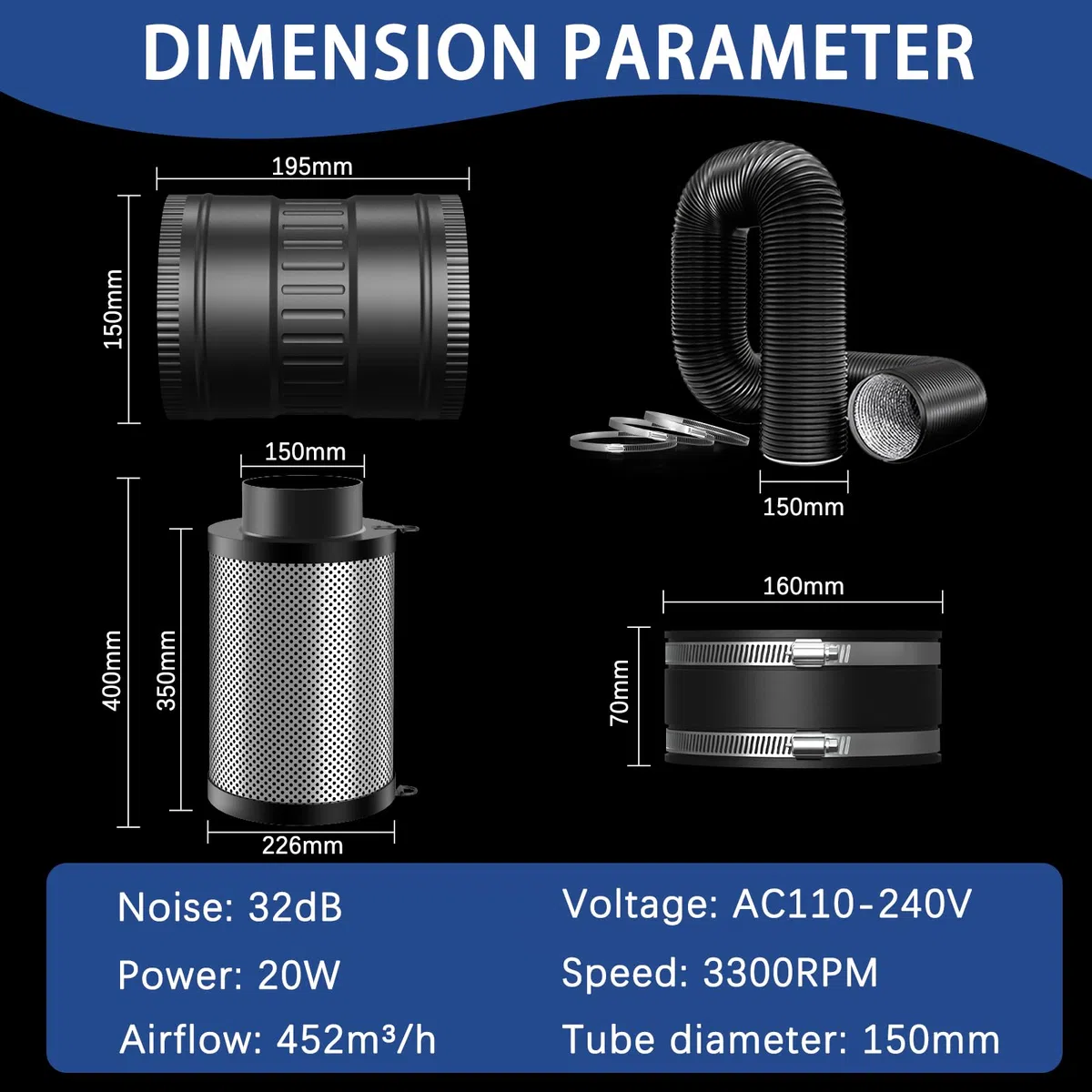 150mm Abluftset,Lüftungsset, Inline Rohrventilator mit Drehzahlsteller Aktivkohlenfilter Abluftchlauch und Klemmen Gummimuffe, Belüftungssystem für Growzelt Gewächshaus.