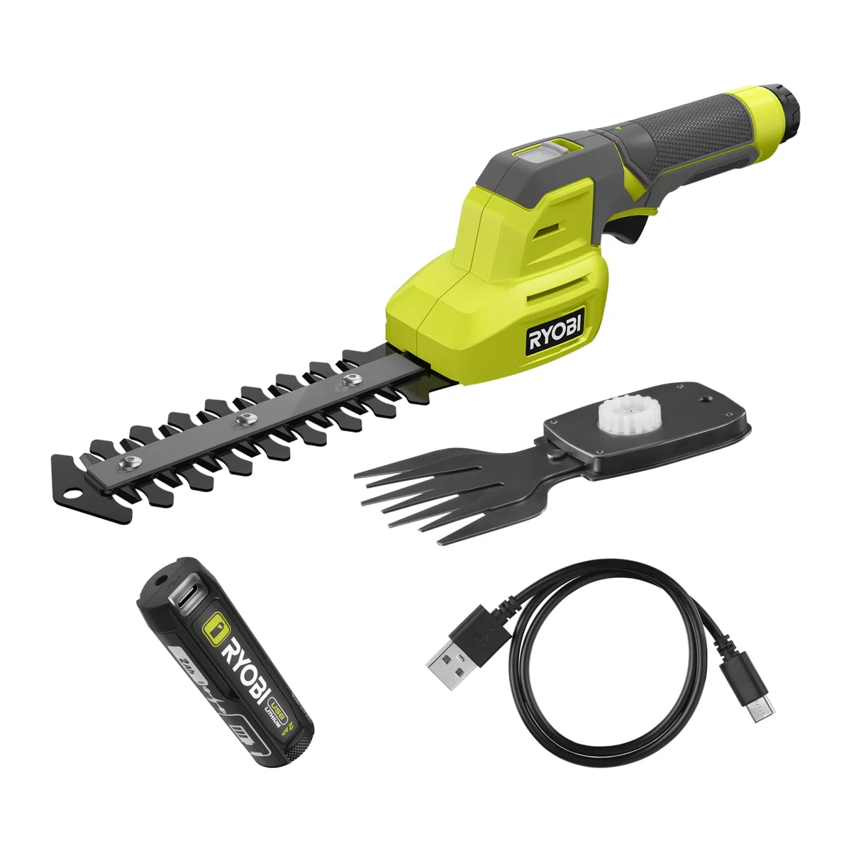 RYOBI 4 V Akku-Gras- & Strauchschere RY4CGSA-120, inkl. 2,0 Ah Akku und Ladekabel USB-C