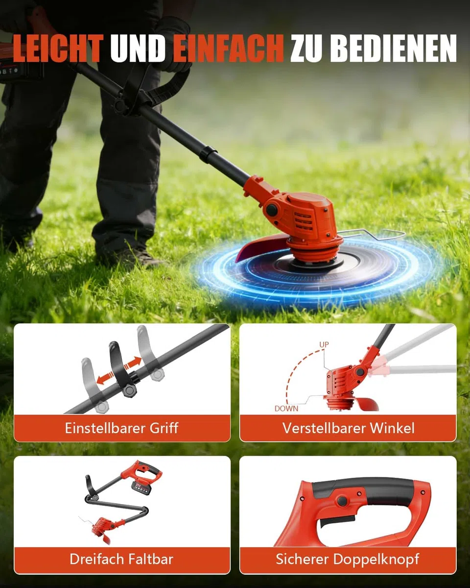 Rasentrimmer mit Akku, 850W Klappbarer Akku Freischneider mit 2X4.0AH Batterien, Akku Rasentrimmer & Rasenkantenschneider mit 4 Messertypen, Elektrischer Motorsense für Garden und Rasen