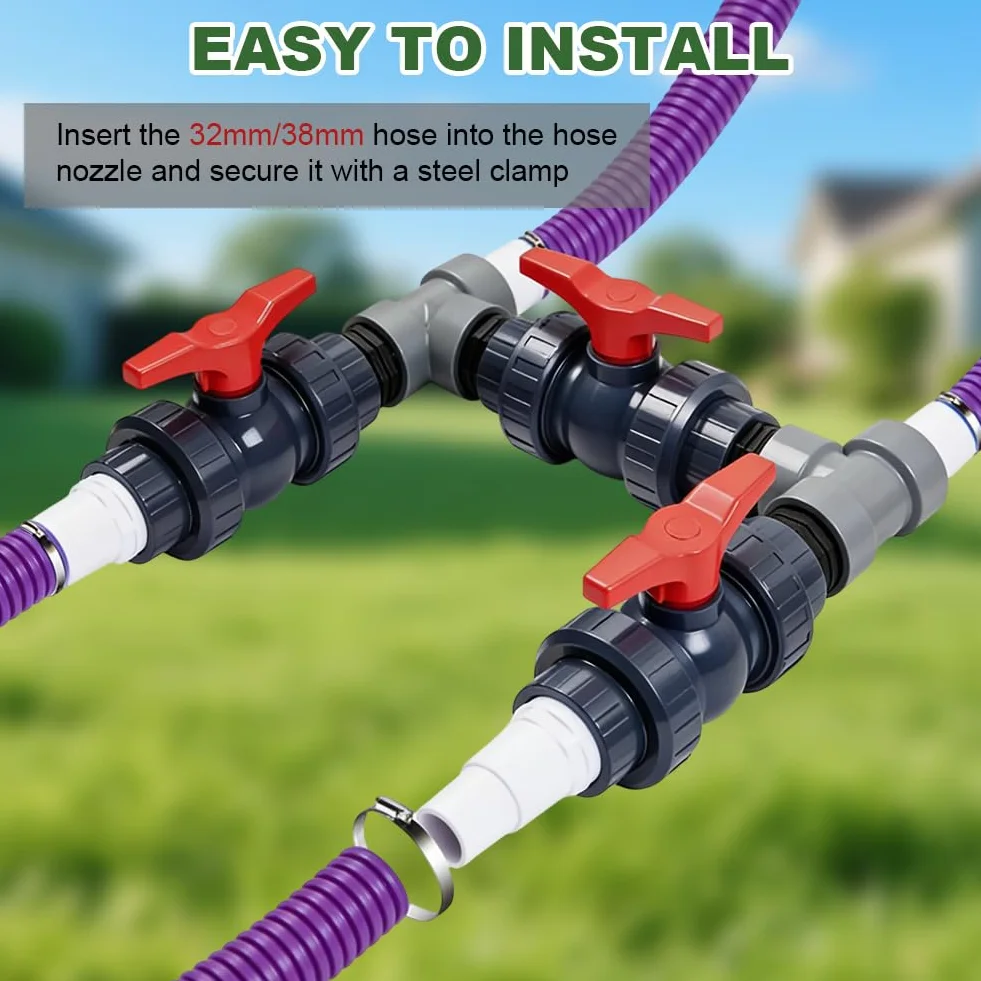 Bypass Pool Set, Wärmepumpen Anschluss Set, Ø 50 mm Wärmepumpe Pool Anschluss Set, Adapter für Pool Heizung mit 32mm 38mm Schläuchen, Steuerung der Wasserzufuhr für eine optimale Temperaturregulierung
