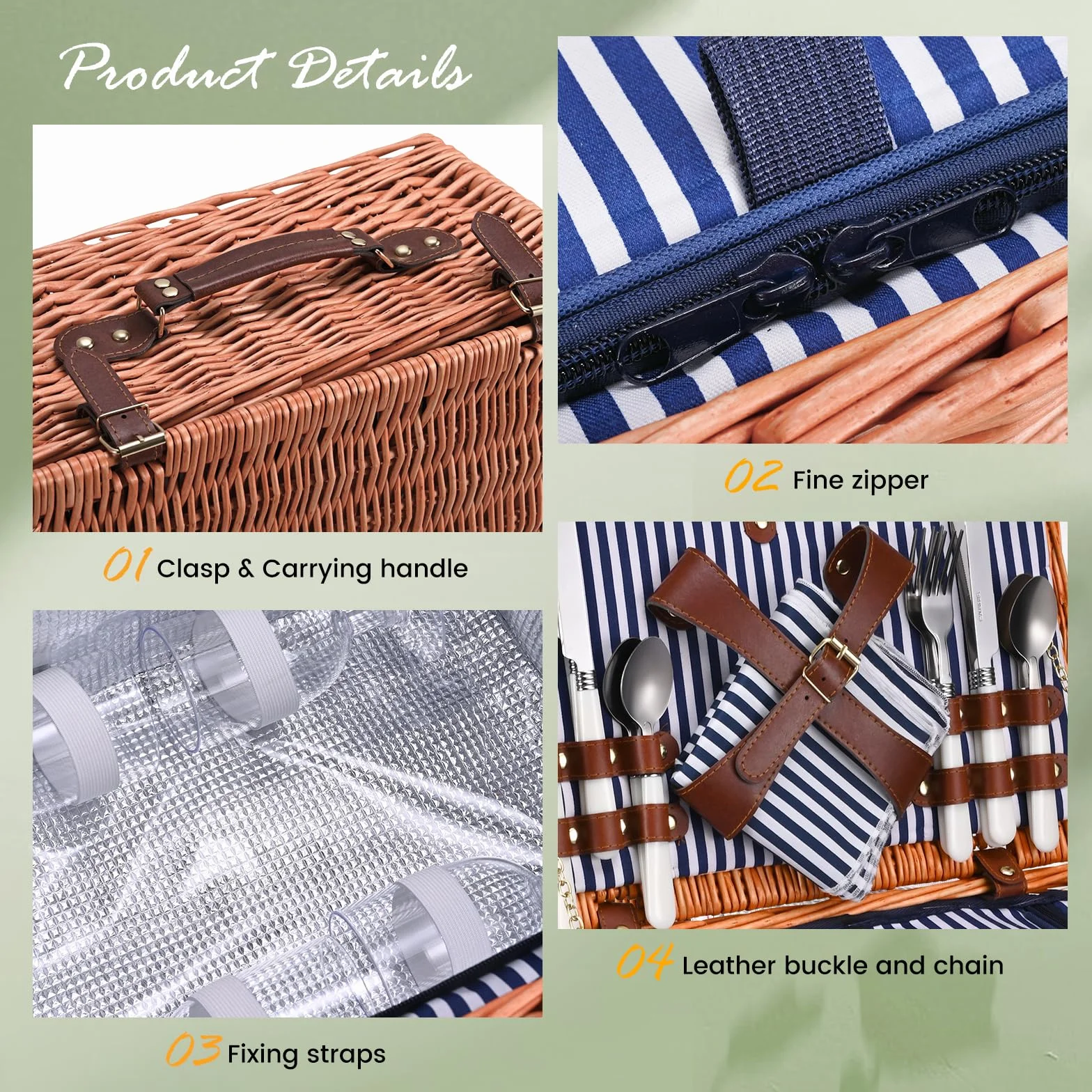 Picknickkorb,Picknickkorb 4 Personen mit Großem Isoliertem Kühlfach und wasserdichte Picknickdecke, Piknik Korb Set mit 4 Sets Besteck, Teller Perfekt für Picknick, Camping, Reisen, Strand(Blau)