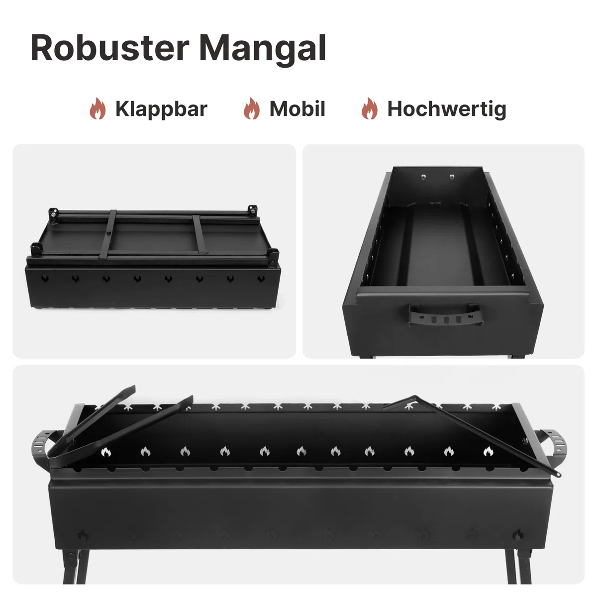 Mangal Klappbar Holzkohlegrill für 14 Spieße 2 mm Stahl 90x33 cm Schaschlik Grill Shashlychnik BBQ Klappgrill Ideal für Garten, Camping & Picknick