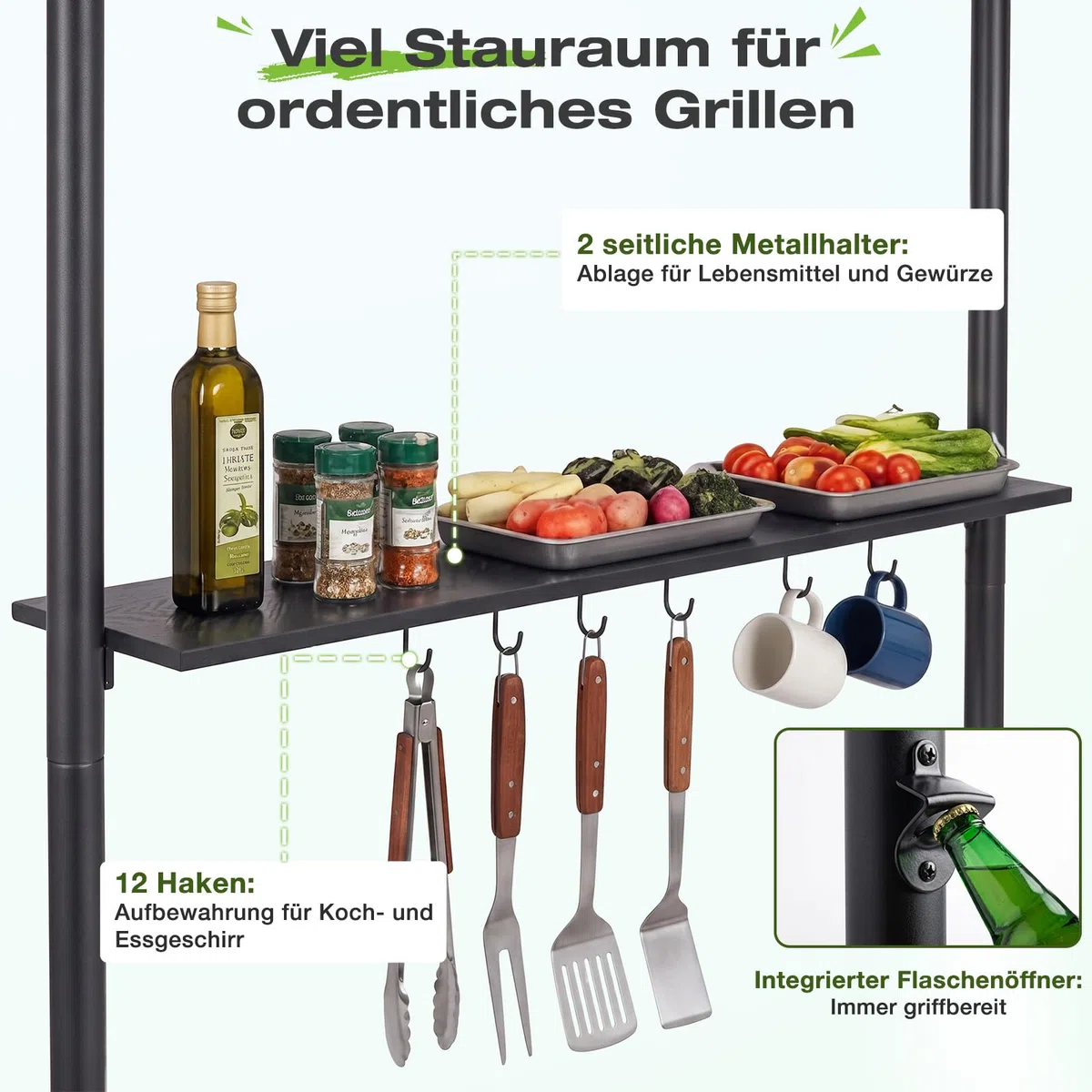 Sekey grillpavillon Winterfest wetterfest mit Doppeldach, Seitenregalen, Haken & Flaschenöffner, sekundenschnell aufbaubar UV-Schutz 50+, grillüberdachung Outdoor für Garten BBQ Camping, Anthrazit