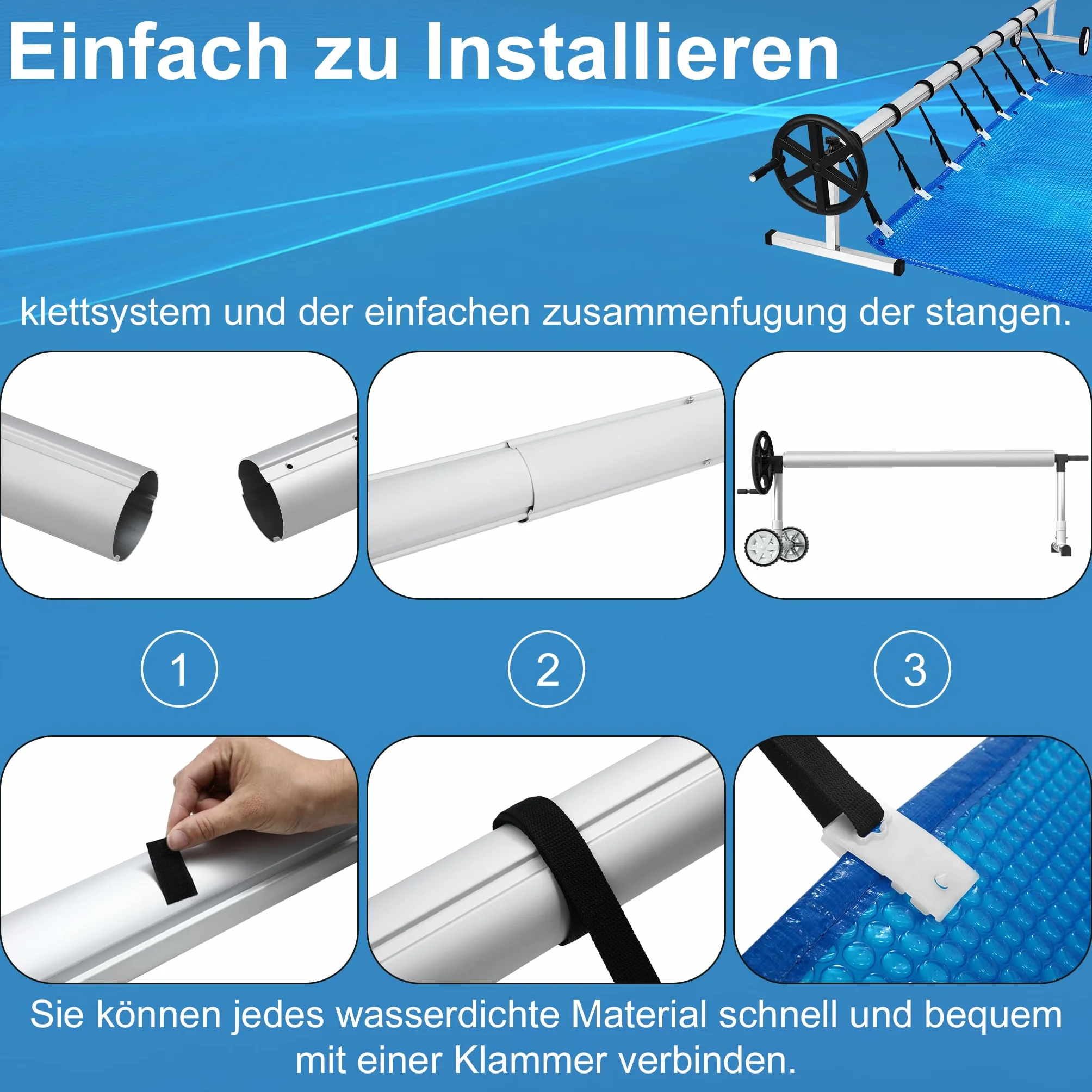 UISEBRT Pool Aufroller Mobiles Poolfolienaufroller 3m - 5,70m für Poolplane, Aufrollvorrichtung mit Befestigungsbändern & Rädern