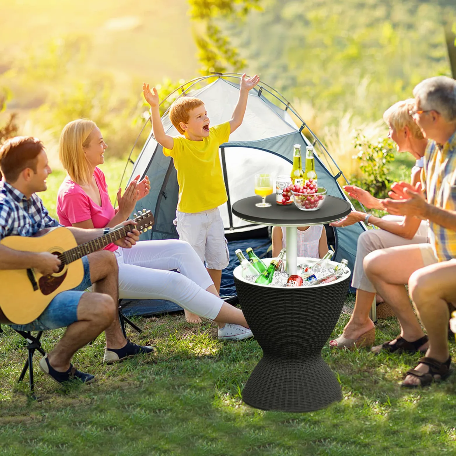 GOPLUS 3 in 1 Cool Bar, höhenverstellbarer Outdoor Beistelltisch & Kühltisch, 30L Getränkekühler mit Abflussloch, Kühlbox wetterfest in Rattanoptik für Bier & Wein, für Garten, Pool & Party, Schwarz