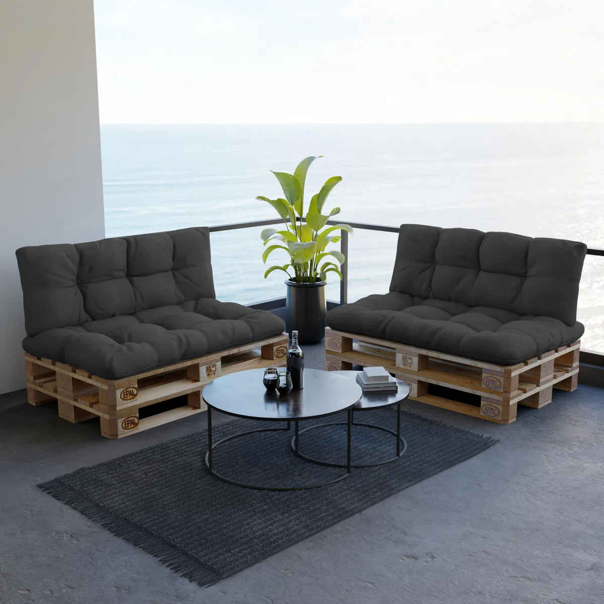 POKAR Palettenkissen Wasserabweisend Palettenauflagen Palettenmöbel Palettensofa 2er Set: Sitzkissen 120x80 + Rückenlehne 120x40, Anthrazit