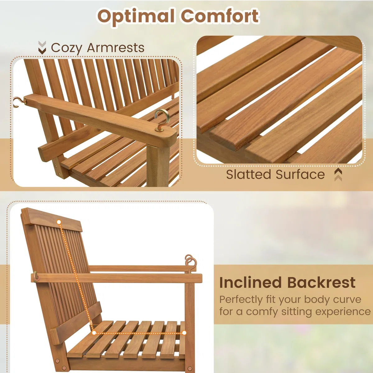 GIANTEX Hängebank Schaukel 2-Sitzer, Schaukelbank Outdoor, Hollywoodschaukel aus Massiv Akazienholz, Veranda-Schaukel Gartenschaukel zum Aufhängen 130 x 63 x 57 cm, Hängeschaukel bis 360 kg belastbar