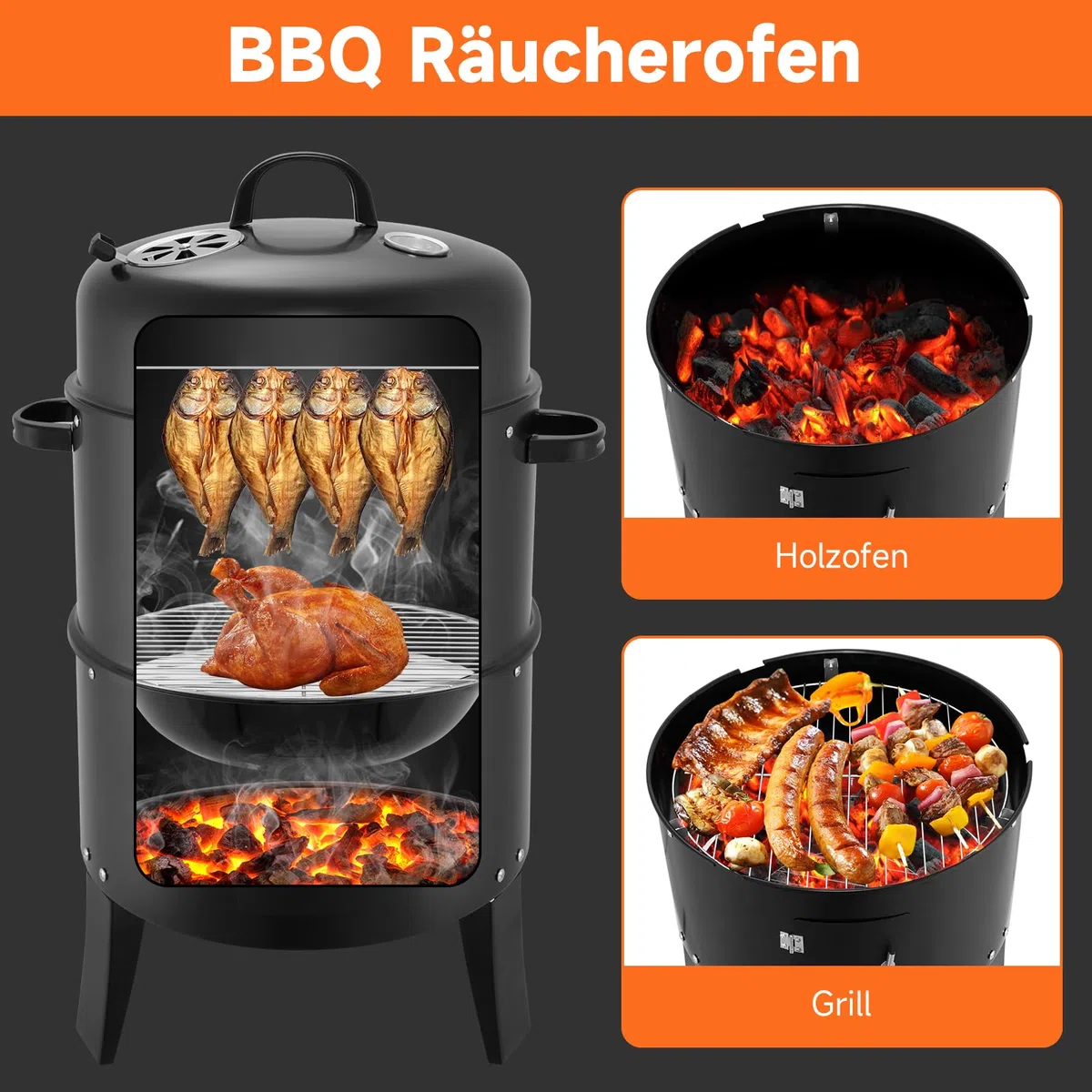 Raucher Holzkohle, Holzkohleraucher | Holzkohlegrills | Tragbare vertikale Propan-eingebaute Thermometer für Gartengrills, Heckklappenpartys, Apartmentbalkonen