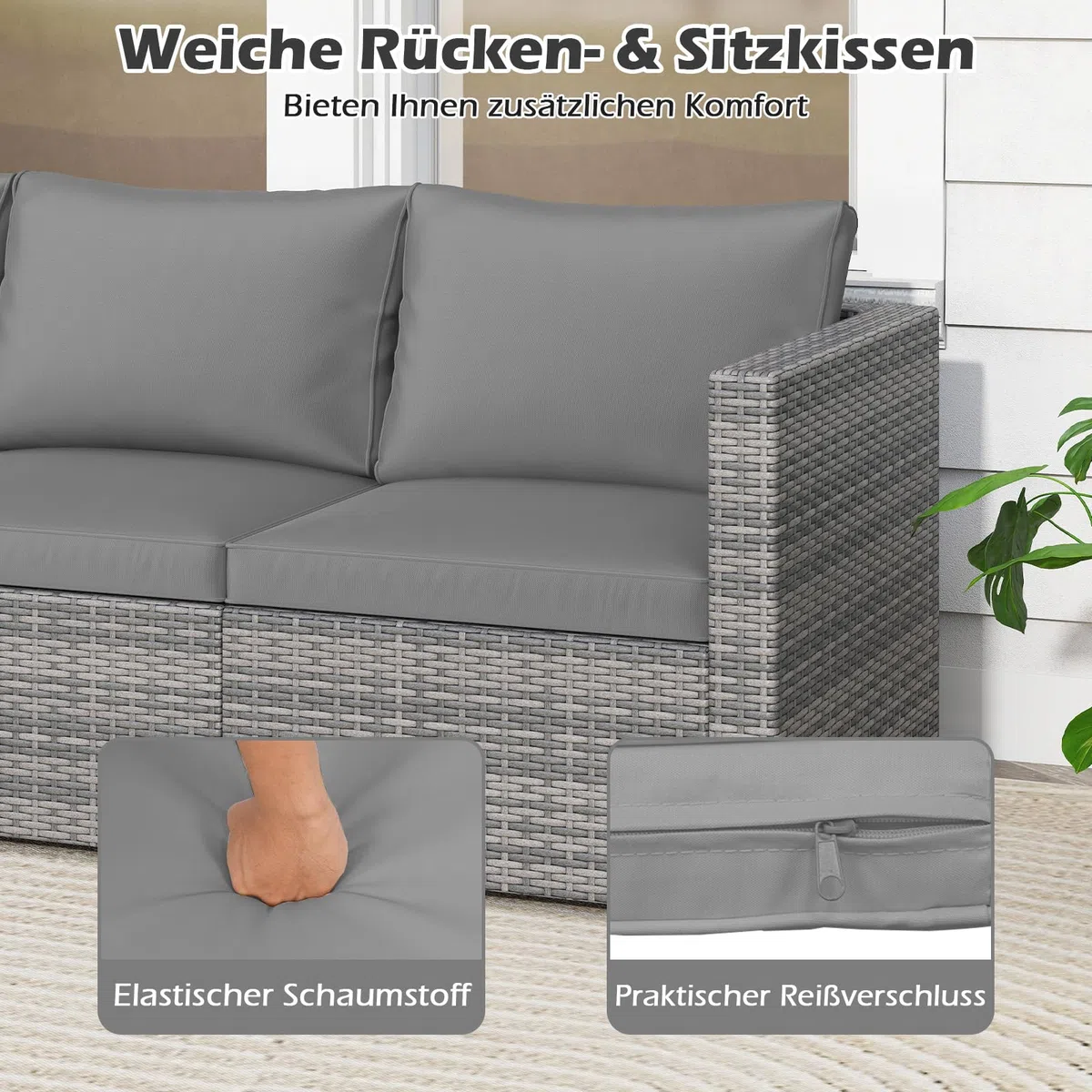 COSTWAY Gartensofa mit Kissen, 3-Sitzer Lounge Sofa, Rattan Lounge Möbel Outdoor, Gartenlounge, Gartenmöbel, Terrassenmöbel, Balkonmöbel, wetterfest, 193 x 67 x 61,5 cm (Grau)