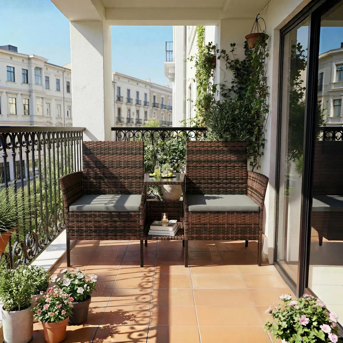 Amopatio Polyrattan Gartenbank, Outdoor Sitzbank mit Tisch & Ablage, Gartenmöbel Rattan Gartensofa, Wetterfest & UV-beständig Balkonbank Sitzgruppe für Garten, Balkon, Braun