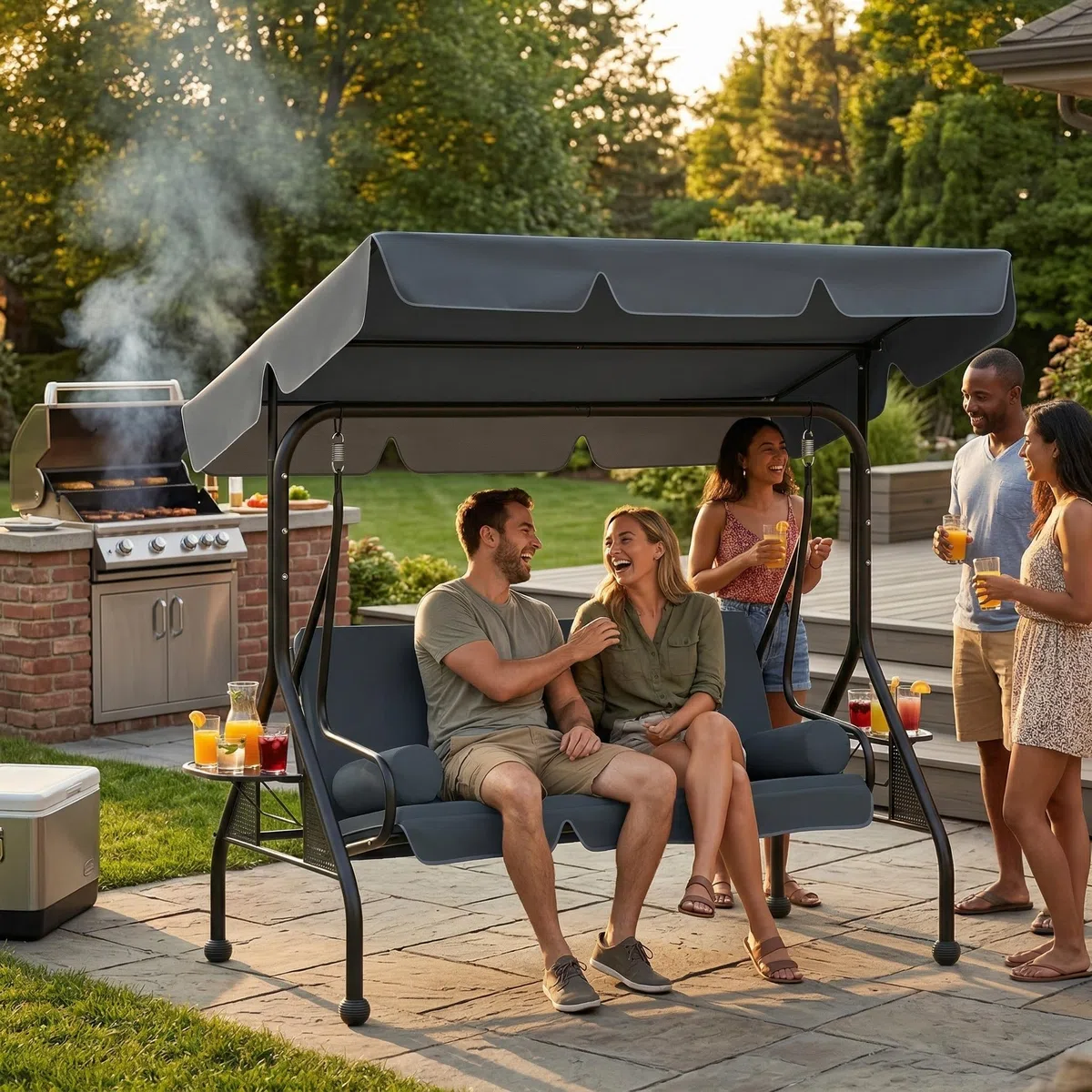 XMTECH Hollywoodschaukel 3-Sitzer mit Liegefunktion & verstellbarem Sonnendach, Gartenschaukel mit Seitentischen & Kissen, Schaukelbank Garten Terrasse, bis 350 kg, 185 x 113 x 163 cm, Anthrazit