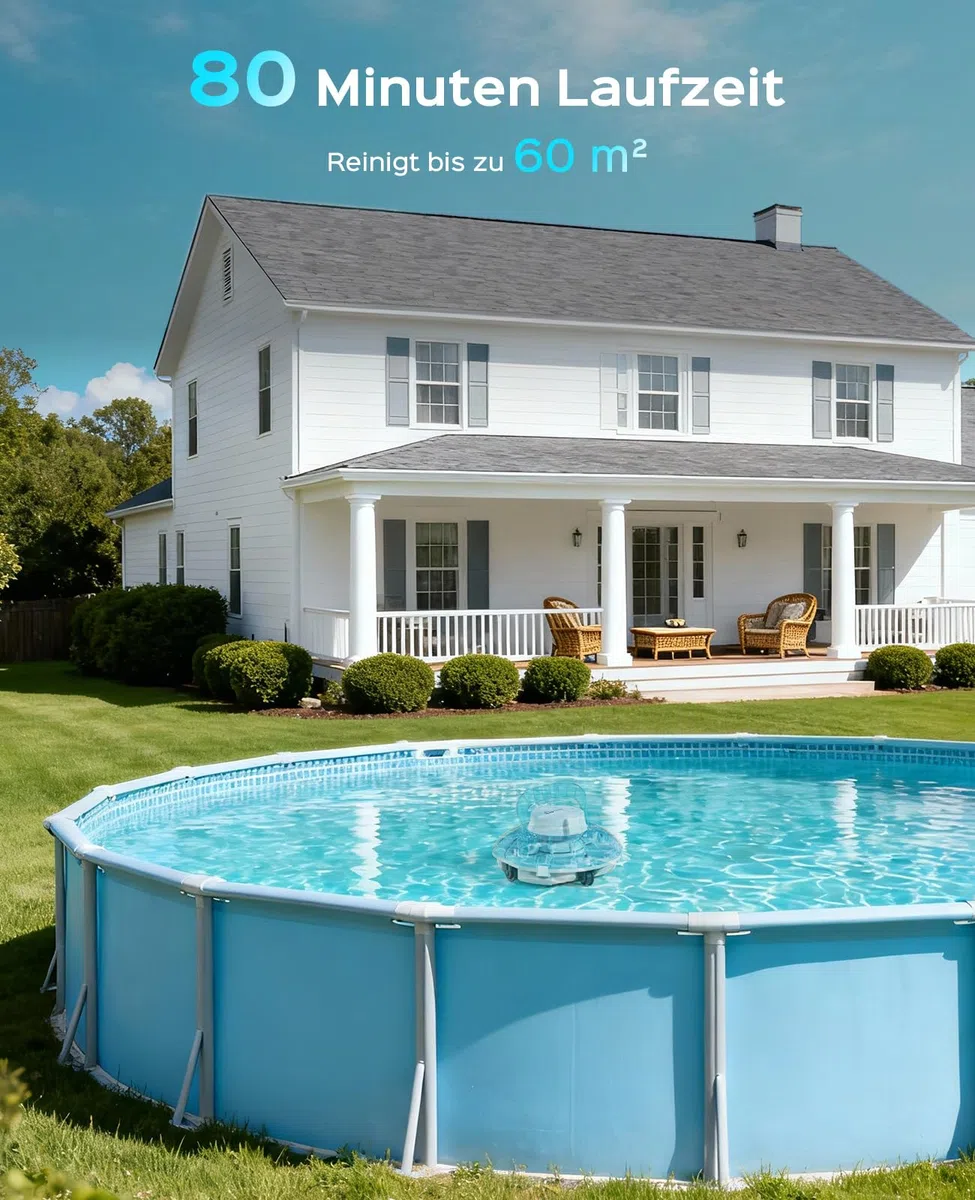 WINNY POOL CLEANER Winny 200 Poolroboter, Poolsauger kabellos mit Akku, 75 Min. Laufzeit, für Aufstellpools bis 60 m², Doppelfiltration, Automatisches Parken, Kompakt Leicht (Transparentes Blau-Weiß)