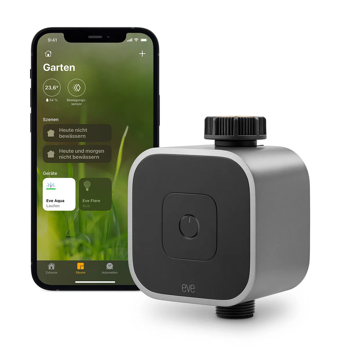 Eve Aqua (Apple Home): Smarte Bewässerungssteuerung per App oder Siri - auch von unterwegs, Garten/Balkon automatisch gießen, geeignet für Mehrfachverteiler, einfache Bedienung, Thread, Keine Bridge