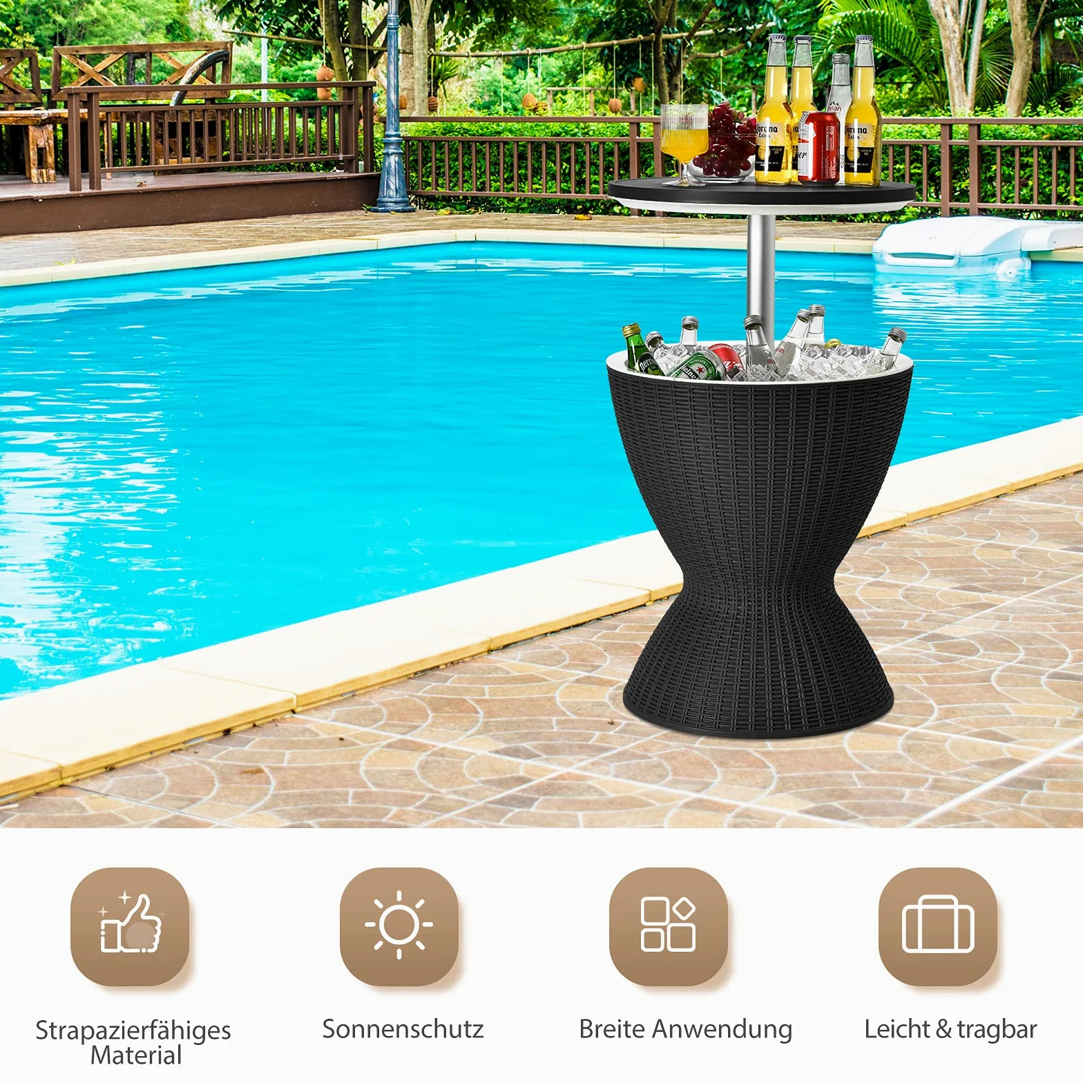 GOPLUS 3 in 1 Cool Bar, höhenverstellbarer Outdoor Beistelltisch & Kühltisch, 30L Getränkekühler mit Abflussloch, Kühlbox wetterfest in Rattanoptik für Bier & Wein, für Garten, Pool & Party, Schwarz