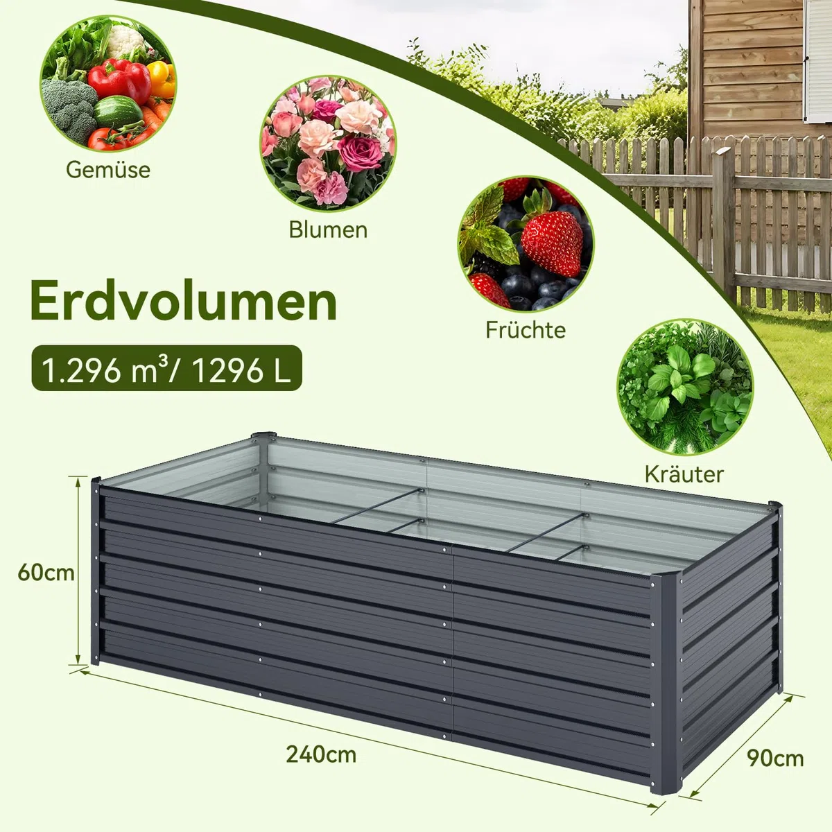 Ohuhu Metall Hochbeet Pflanzenbeet 240x90x60 cm, Hochbeete für Garten aus Robustes Stahlblech, Rostgeschützt & Stabil, Ideal für Garten Gemüse Kräuter Blumen Anthrazit