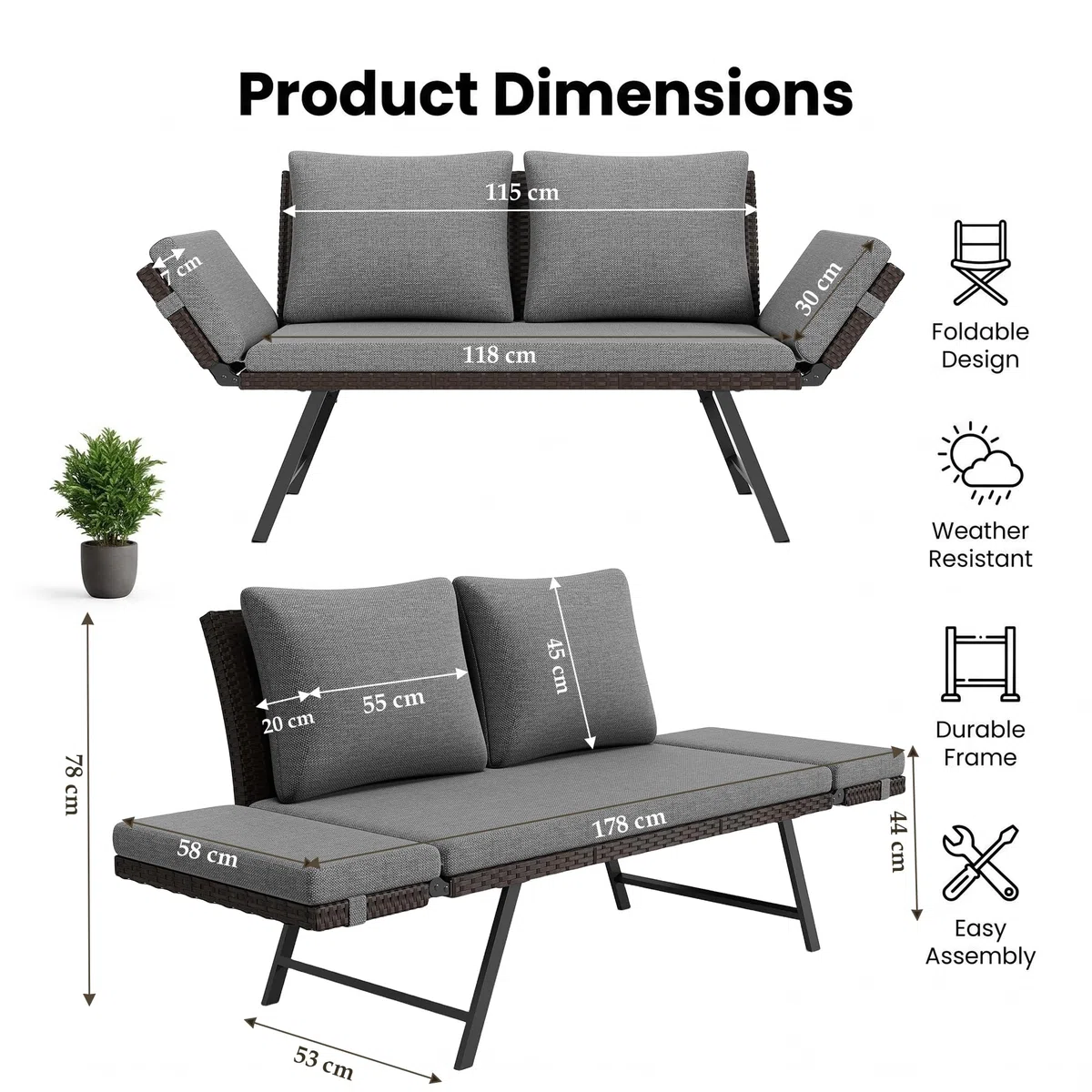 Fiutazge Polyrattan Loungesofa 2 Personen Kissen,Outdoor Daybed Gartenliege mit Verstellbare Armlehnen,Sitzbank mit Schlaffunktion,Gartenbett Balkonmöbel Set für Garten Terrasse-Grau