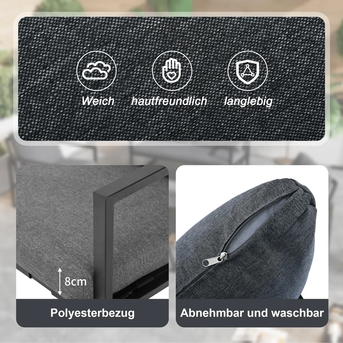 Muskel Garten Lounge Set 4-teilig Outdoor Sofa Einzelstühle Sesseln, Couchtisch, Essgruppe für Garten Balkon Terrasse, Abnehmbarer und waschbarer Stoffbezug, Schwarz