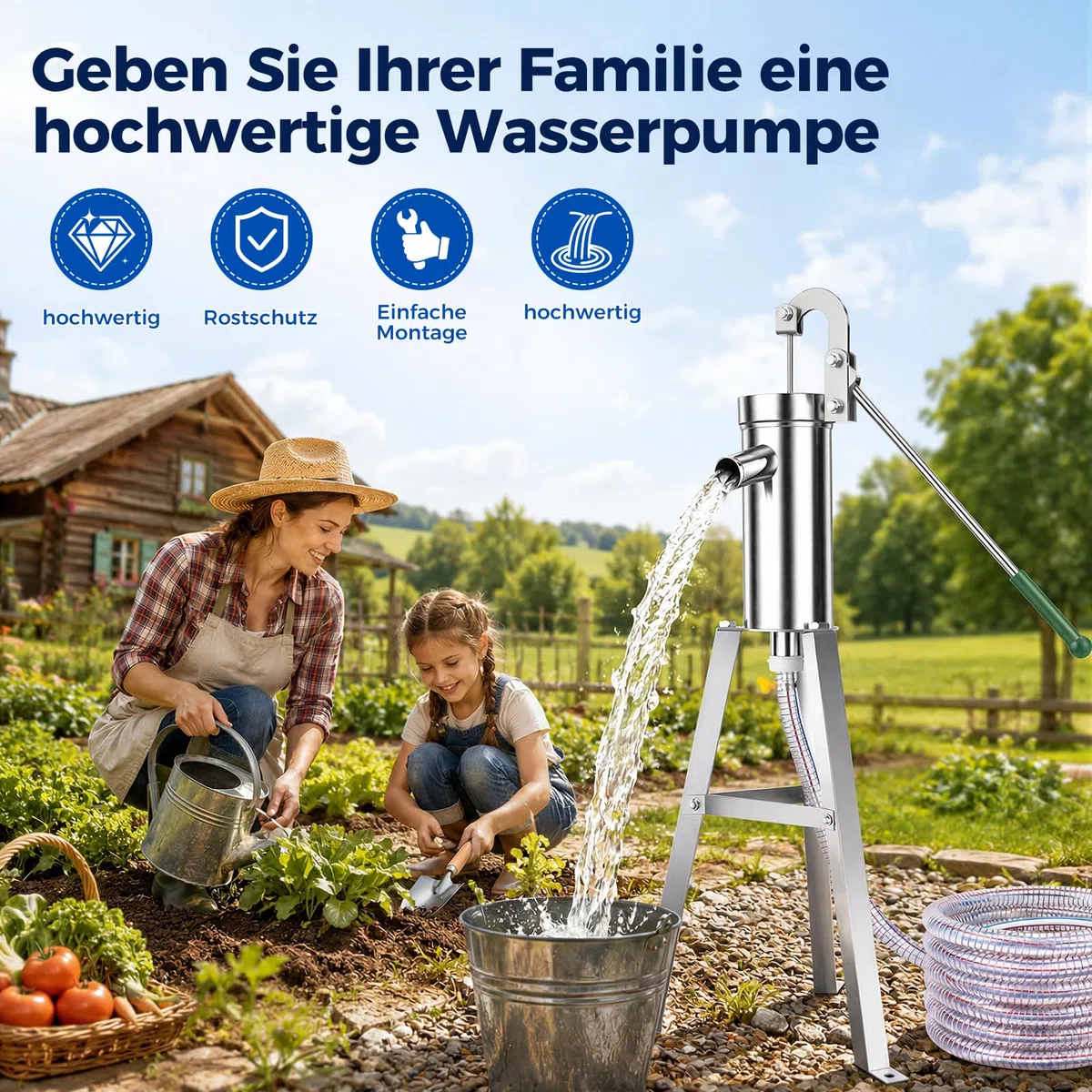 Schwengelpumpe Set, Schwengelpumpe Komplett Set mit 58 cm Ständer & 5 m Schlauch, Handpumpe Wasserpumpe Gartenpumpe Edelstahl Haushalt Grundwasserpumpe Brunnen für Gartenhof Hof und Bauernhof
