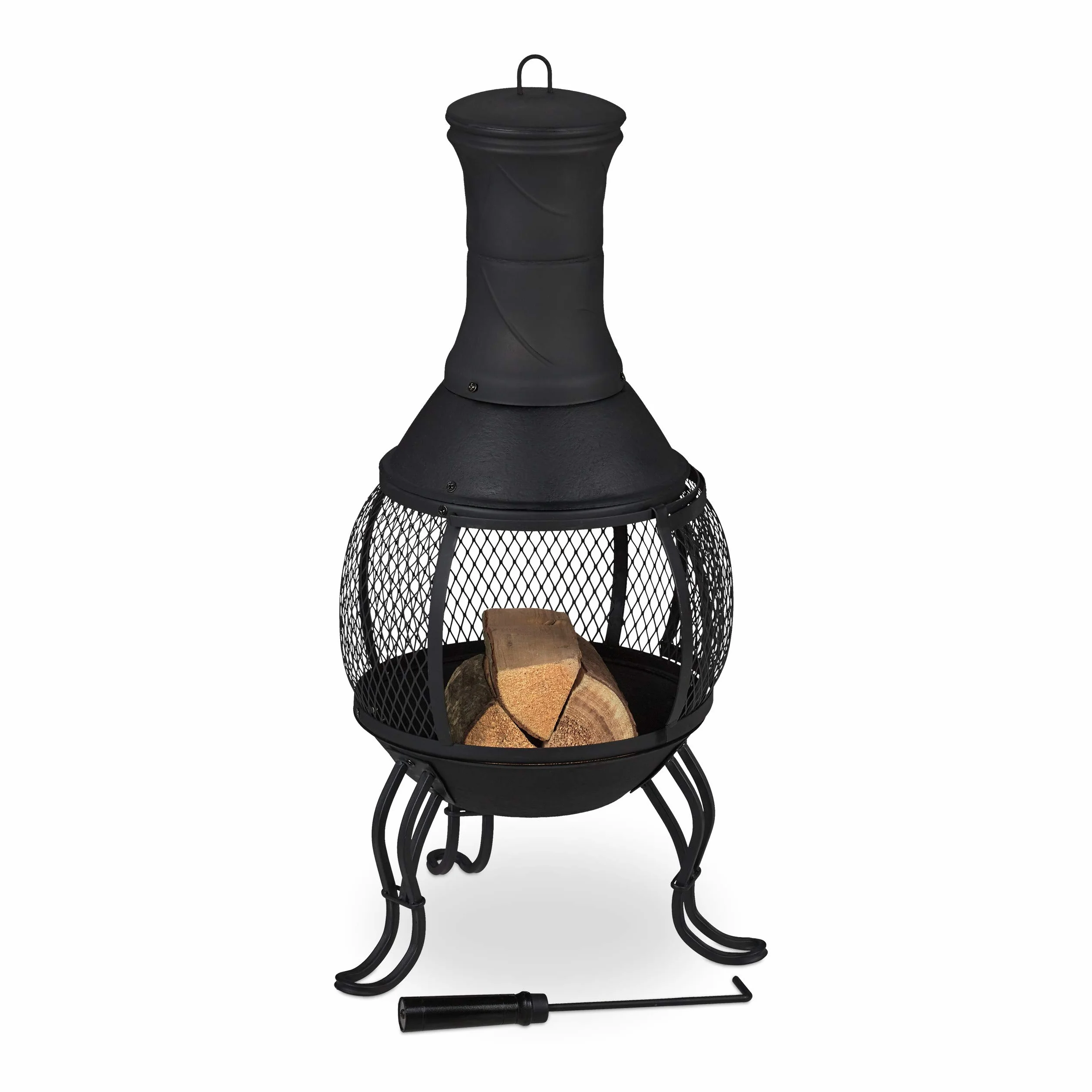Relaxdays Terrassenofen mit Schürhaken, Holzrost & Funkenschutzgitter, 88 x 38 cm, schwarz