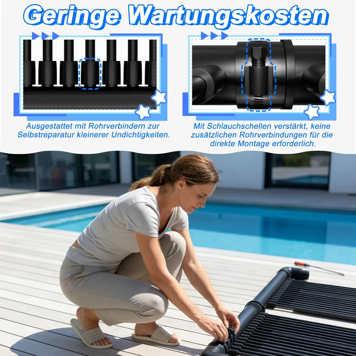 Froadp Solarheizung Solarkollektor für Pool Schwimmbad Warmwasser Heizung, Poolheizung Solar, Solarmatte Schwimmbad Heizmatte aus NBR+PVC, Beliebig Erweiterbar, Schwarz, 300x70cm