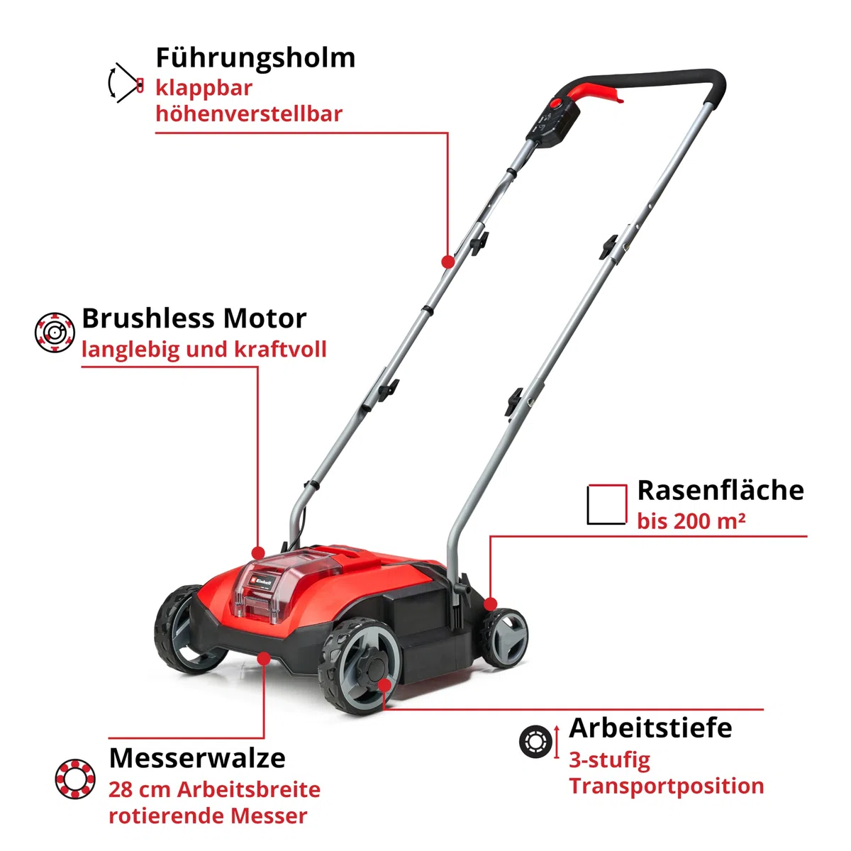 Einhell Akku-Vertikutierer GC-SC 18/28 Li (1x 4,0 Ah) Power X-Change (18 V, Brushless, 28 cm Messerwalze, 3-stufige Arbeitstiefeneinstellung, inkl. 1x 4,0 Ah Akku & Ladegerät)
