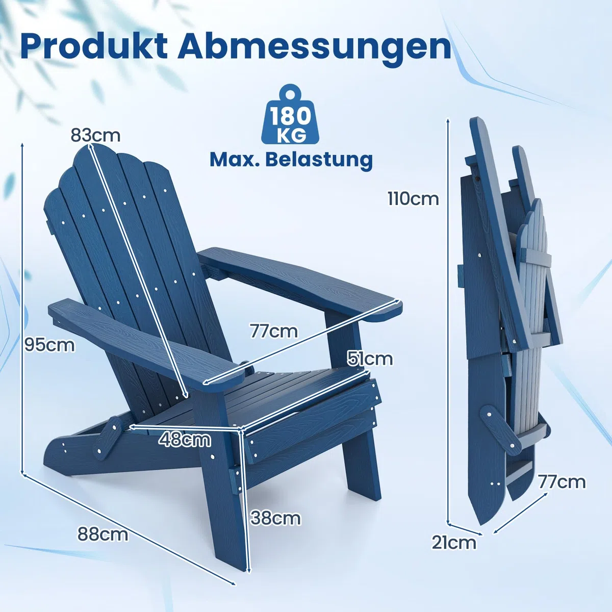 COSTWAY Adirondack Stuhl klappbar, wetterfester Adirondack Chair aus Kunststoff, Gartensessel mit hoher Rückenlehne & Breiten Armlehnen für Garten, Terrasse, 180 kg Tragfähigkeit (Marine)