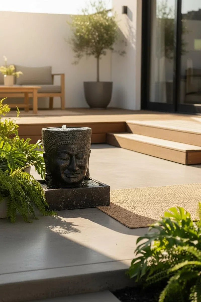 Khmer Kopf Springbrunnen - Buddha Wasserfall Steinguss Wasserspiel (HxBxT: 57x48,5x28cm) - Entspannende Gartendekoration im Asiatischen Stil