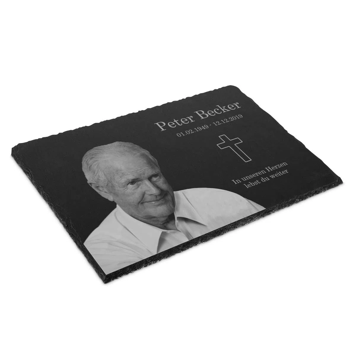 personalisierte Gedenktafel für Menschen Schiefer 30 x 20 cm wetterfest - Individueller Text und Foto Schwarz-Weiße Gravur (mit Laser eingebrannt)