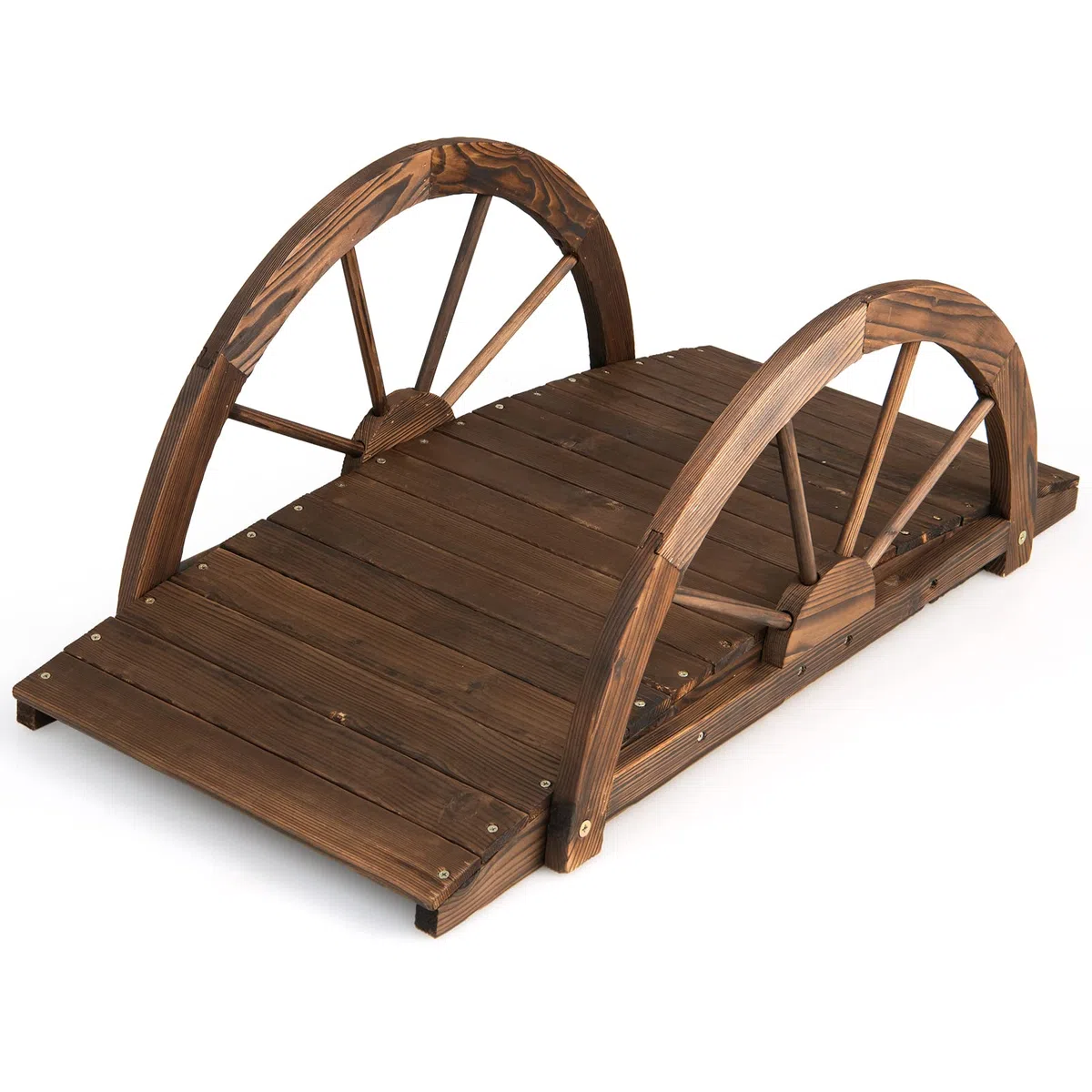 COSTWAY Brücke, Teichbrücke Gartenbrücke, Holzbrücke mit doppeltem Halbradgeländer, Dekobrücke Holzsteg aus Tannenholz, Zierbrücke für Garten, Teich, 101 x 48,5 x 38 cm
