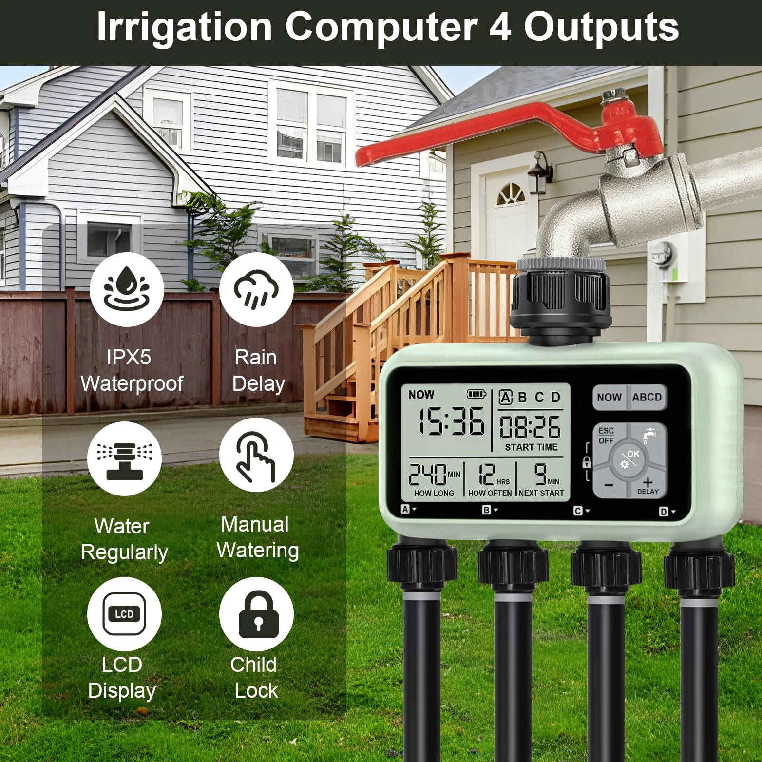 Johgee Bewässerungscomputer 4 Ausgängen mit, Digitaler Bewässerungsuhr mit Regenverzögerung, Automatische/Manuell Bewässerungssteuerung Wasserzeitschaltuhr für Garten Rasen