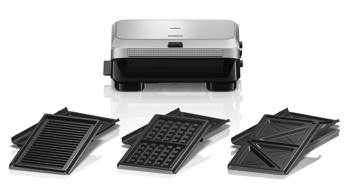 Braun SnackMaker 5 SM5038, Grill mit Sandwich- und Waffelplatten, Waffeleisen mit Aluminiumgussplatten, Abnehmbare Platten und Auffangschale, Spülmaschinengeeignet, 800W, Silber