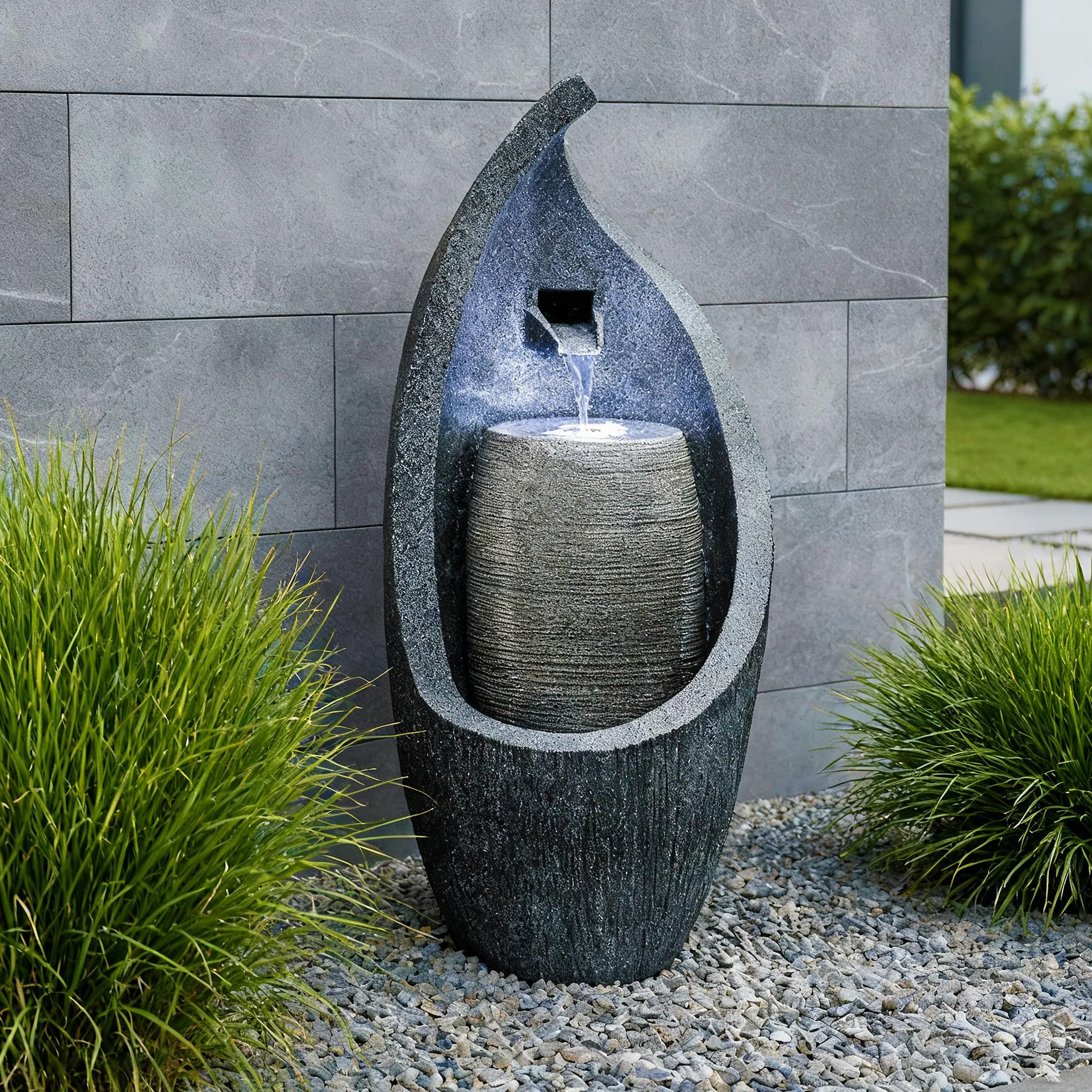 Moderner Gartenbrunnen mit LED Beleuchtung 83 cm Zimmerbrunnen Springbrunnen BK704 Wasserspiel Steinoptik Kaskade