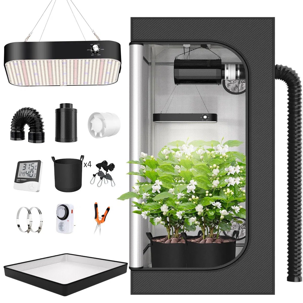 Growzelt Komplettset Anbau Set mit 200W LED Vollspektrum Grow Lampe Dimmbar, 120x120x200cm GrowZelt Kit Komplettes Hydroponics Grow Tent Complete Set(120x120x200cm)