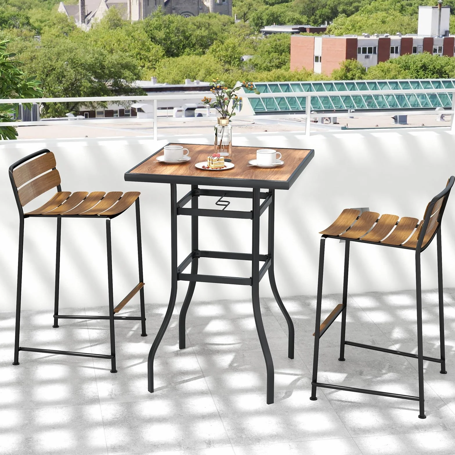 KOMFOTTEU Gartentisch mit Schirmloch, Bistrotisch quadratisch 70 x 70 x 102 cm, Bartisch aus Metall, Stehtisch Balkontisch für Bistro, Garten, Hof