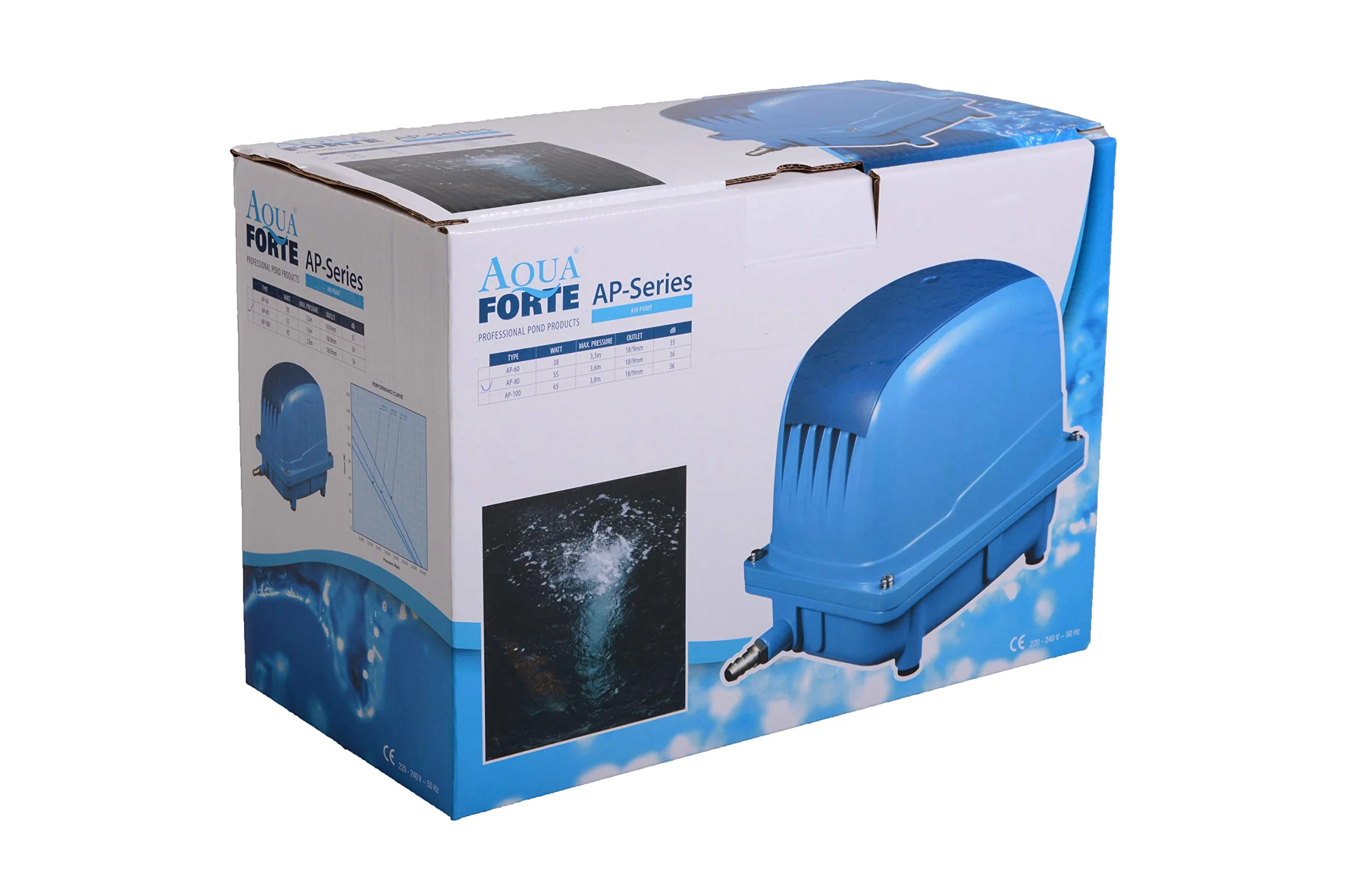 AquaForte AP-35 Luftpumpe, 20 Watt, Max. Druck 2,8 m, Geeignet für Pools und Teiche bis 18m3, Fische max. 15.000 Liter, Koi max. 7.500 Liter, 2,7 kg, Ausgang 16,5 mm